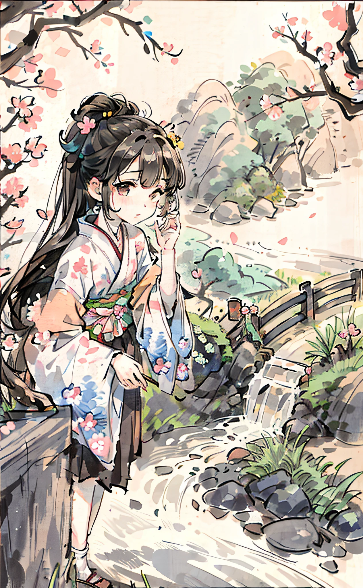 1 little girl, peach blossoms all over the mountains, stone arch bridge, a small river, thatched huts, fine faces