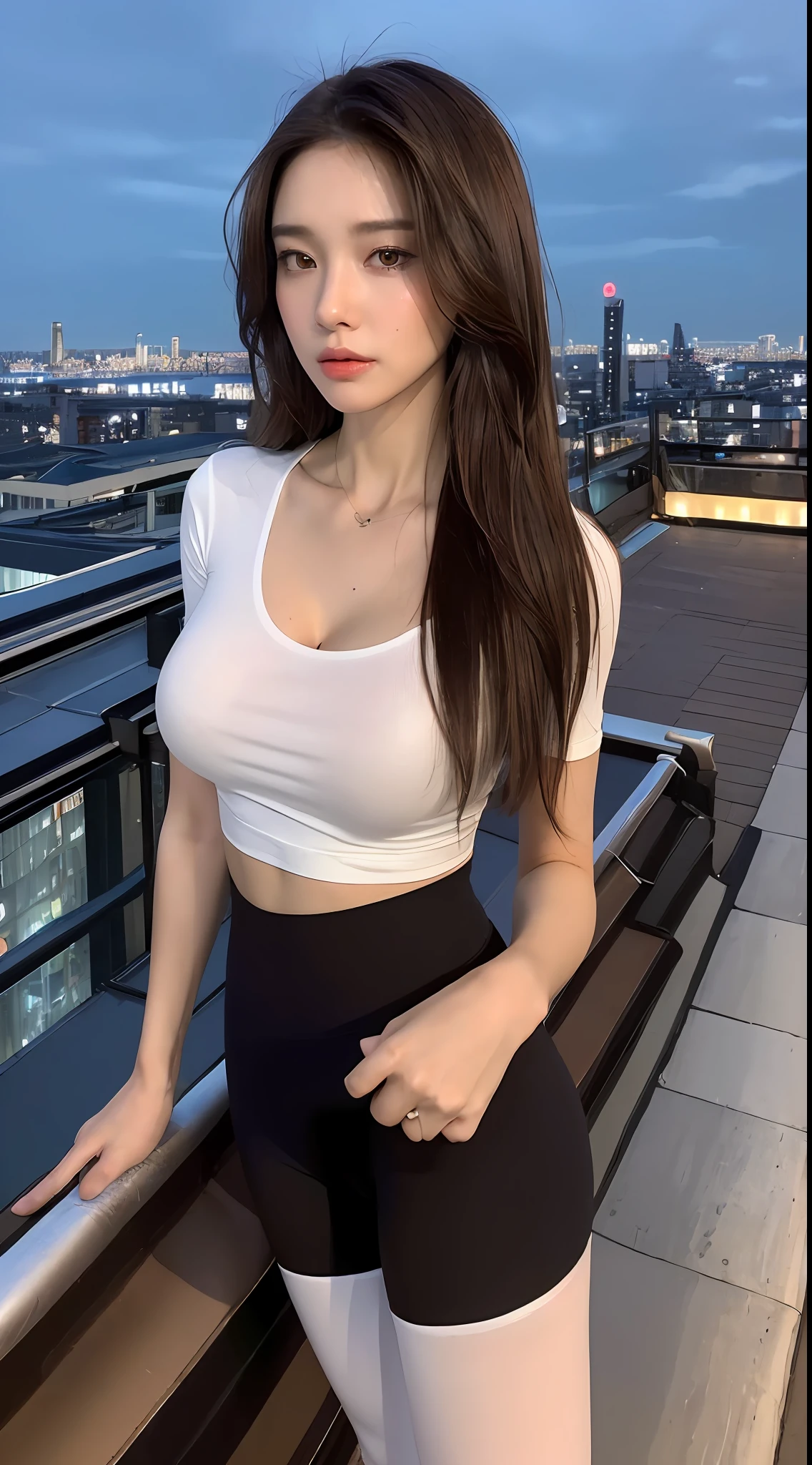 ((Best quality, 8k, Masterpiece :1.3)), Whole body, Long legs, Sharp focus :1.2, A pretty woman with perfect figure :1.4, Slender abs :1.1, ((Dark brown layered hair, Big breasts :1.2)), (White tight tshirt, Leggings, Standing:1.2), ((Night city view, Rooftop:1.3)), Highly detailed face and skin texture, Detailed eyes, Double eyelid