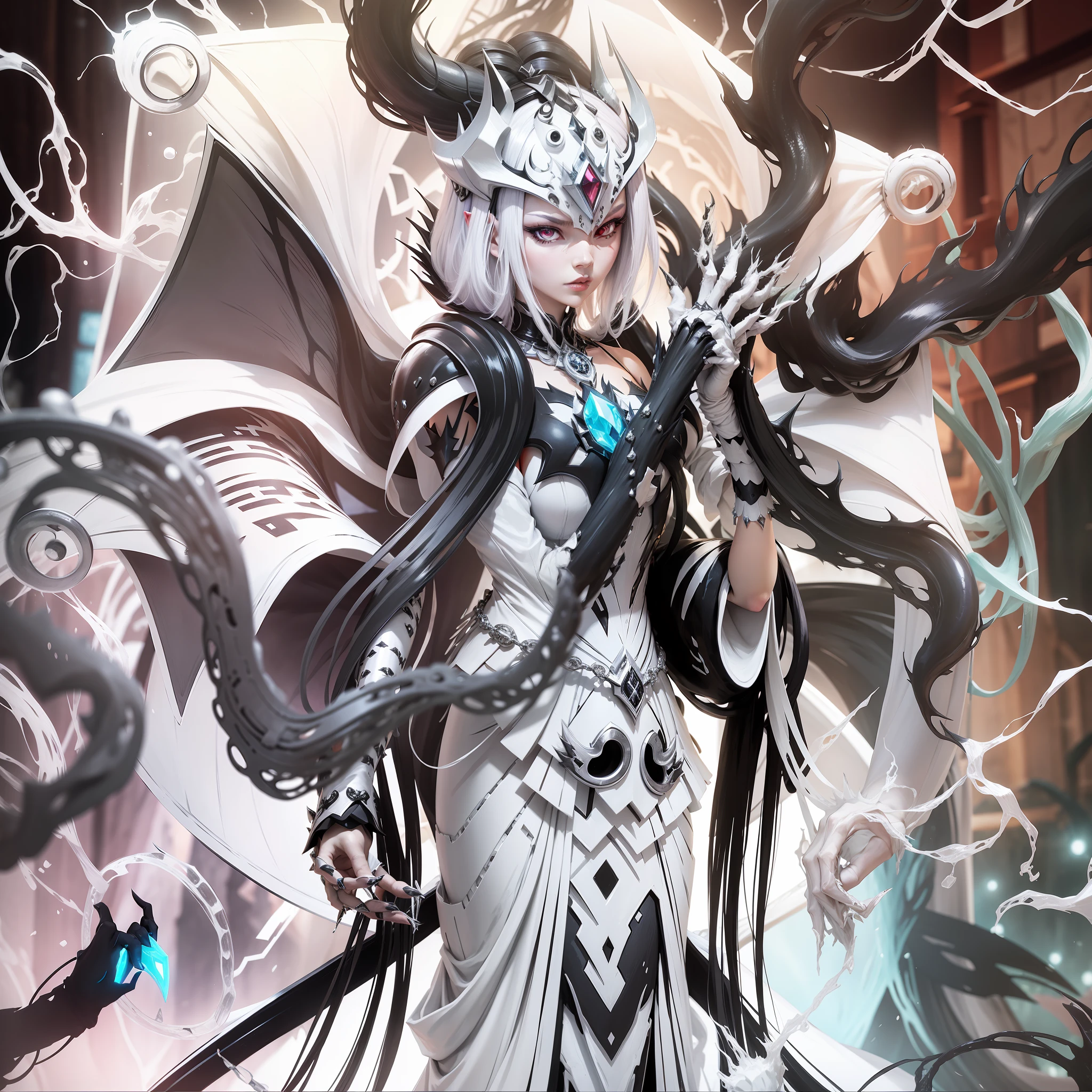 Demon queen, claws, white symbiotic dress,with black exarpe,4k,Yu-Gi-Oh