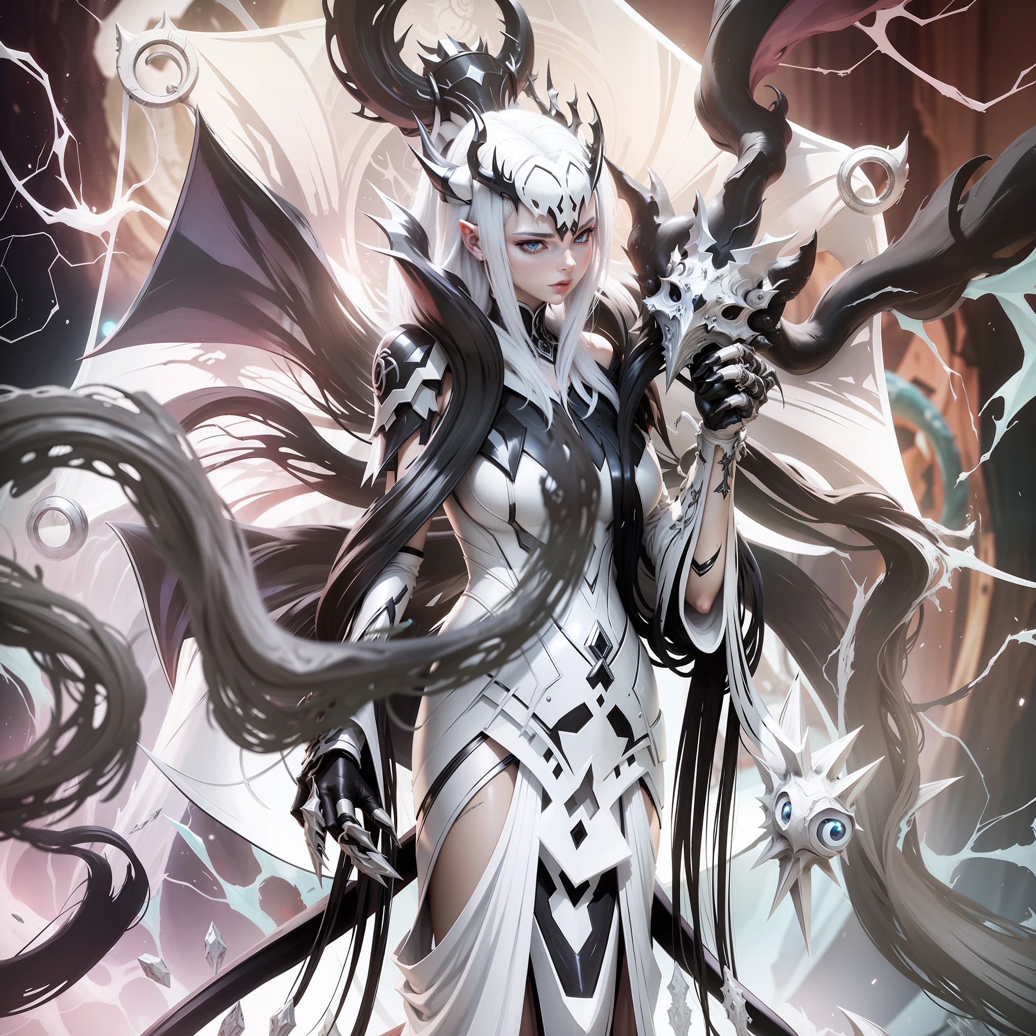 Demon queen, claws, white symbiotic dress,with black exarpe,4k,Yu-Gi-Oh