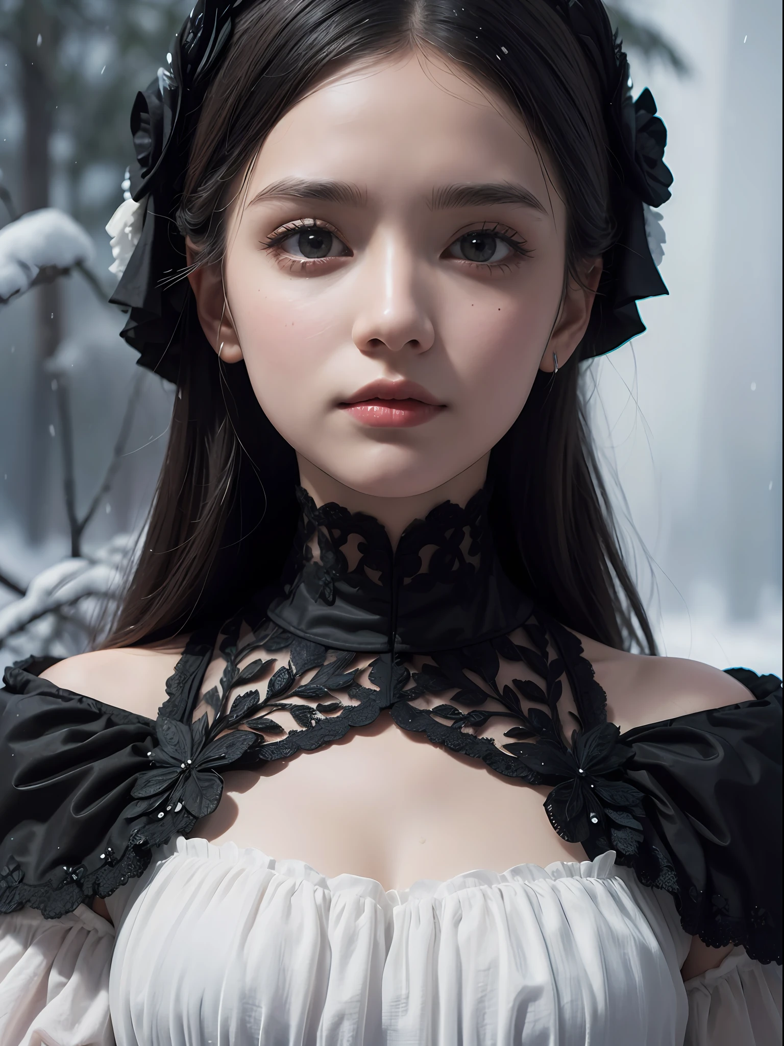 (Upper body close up), Girl in black victorian dress, off shoulder, snow rain forest background, intricate detailed , (highly detailed skin,face,eyes), delicate eyes, ultra hi-res photo, (masterpiece,top quality,realistic),