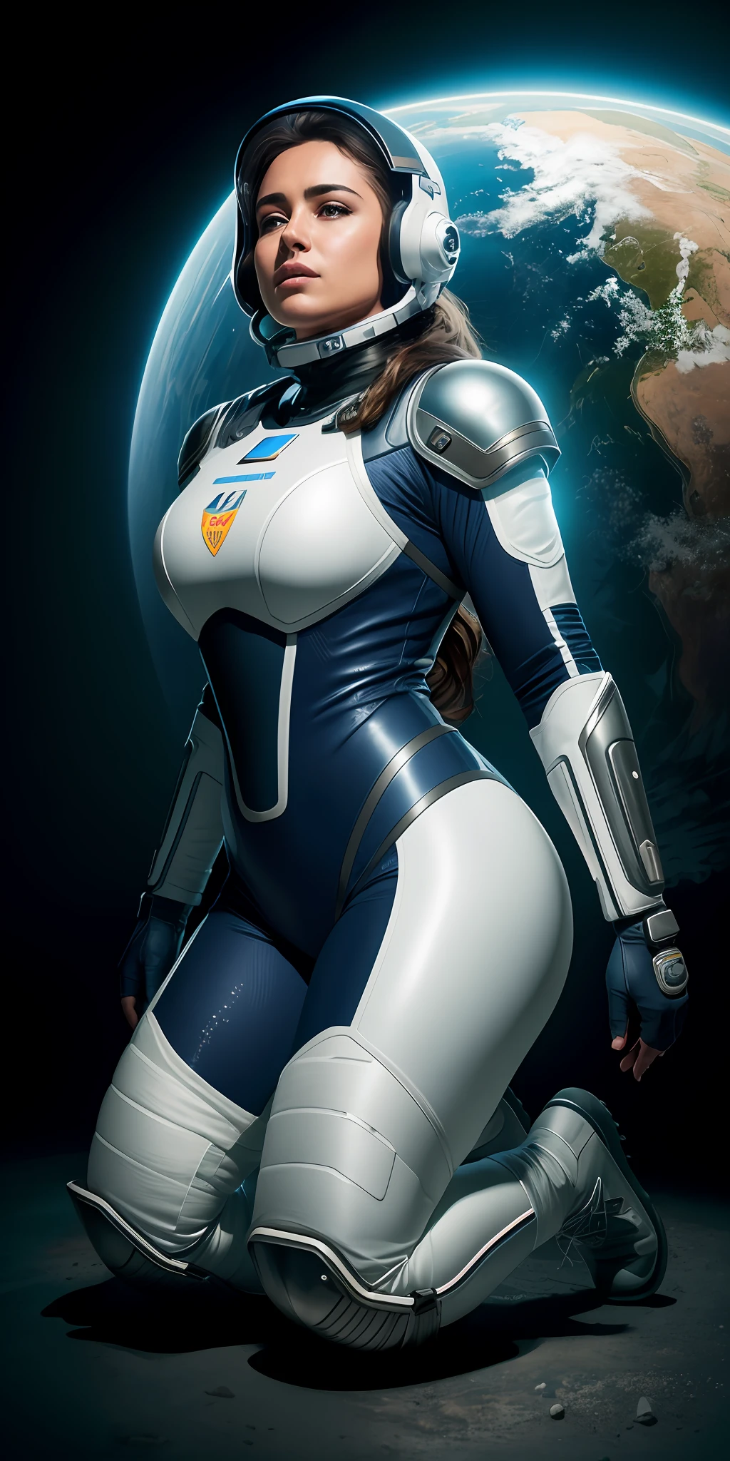 beautiful Brazilian astronaut, in a space suit with futuristic helmet, ((kneeling)), ((groaning in pain)), ((thick thighs)), sensually on all fours, shoulder waist)), ((skinny)), photorealistic, photo, masterpiece, realistic, realism, photorealism, high contrast, photorealistic digital art trend in Artstation 8k HD high definition detailed realistic, detailed, skin texture, hyper detailed, realistic skin texture, armor, best quality, ultra high resolution,  (photorealistic: 1.4), high resolution, detailed, raw photo, sharp re, by lee jeffries Nikon D850 film stock photography 4 kodak camera portra 400 lens f1.6 rich colors hyper realistic texture dramatic lighting irrealengine trending on artstation cinestill 800.
