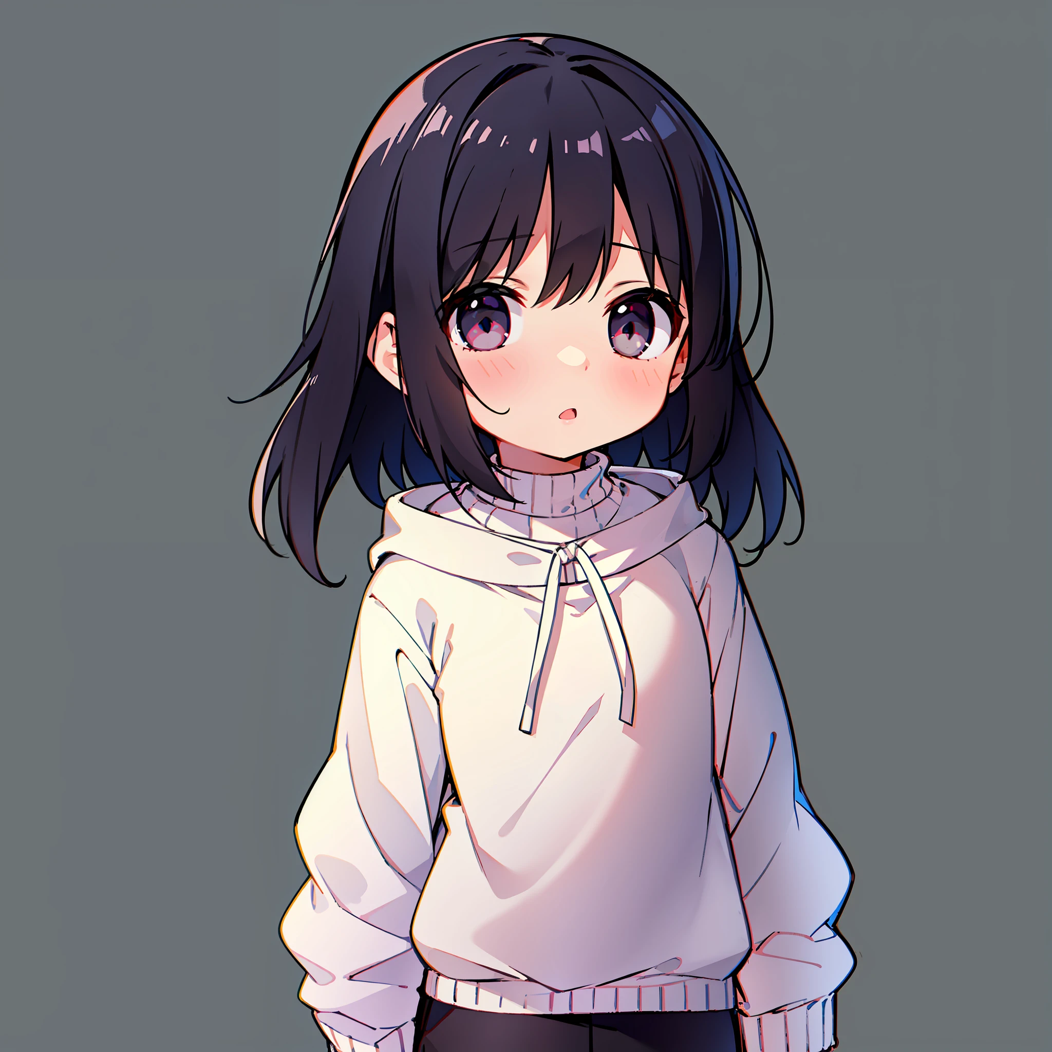 Girl, black hair, dark circles, blind eyes, flat chest, little girl, white sweater, no socks, about ten years old, loli, toddler