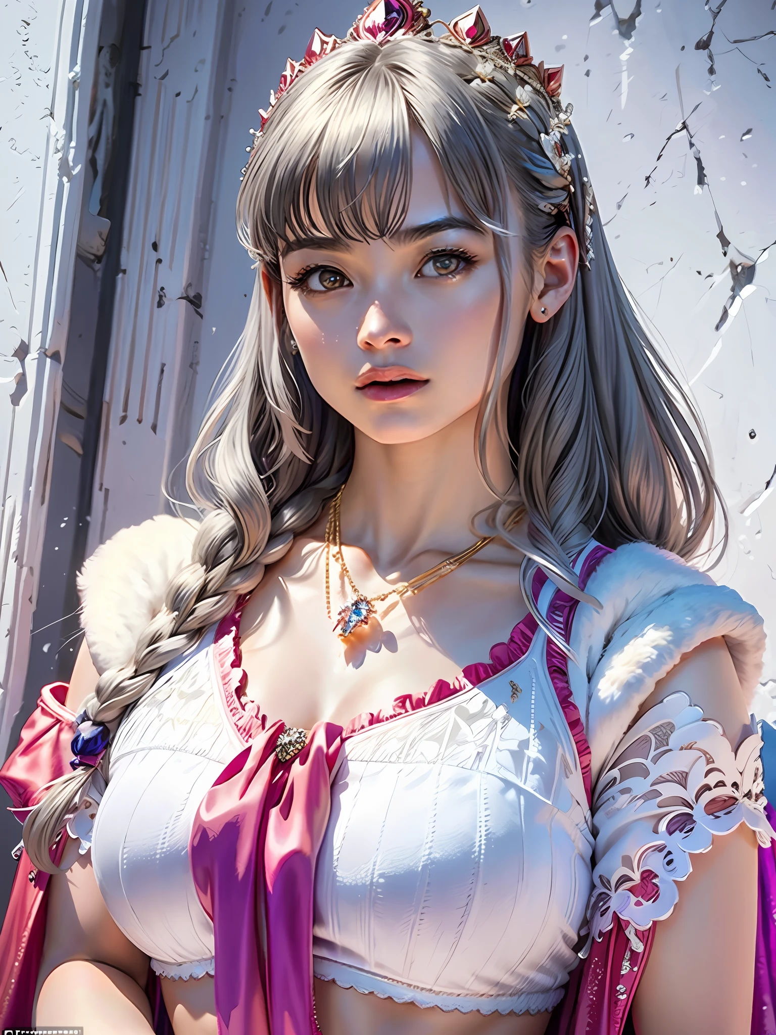 (masterpiece, top quality, highest quality, official art, beautiful and aesthetic: 1.2), ultra-detailed complex 3D rendering of face, various poses, ((Huge breasts: 1.4)), (Exposure: 1.1), pink micro bikini, , Perfect figure: 1.4, Slim abs: 1.1, (1 girl), Fur-lined purple cape, abs, jeweled detailed crown: 2.2), cleavage, gray hair, Detailed luminous necklace adorned with jewels with white skin, strong and detailed weapons