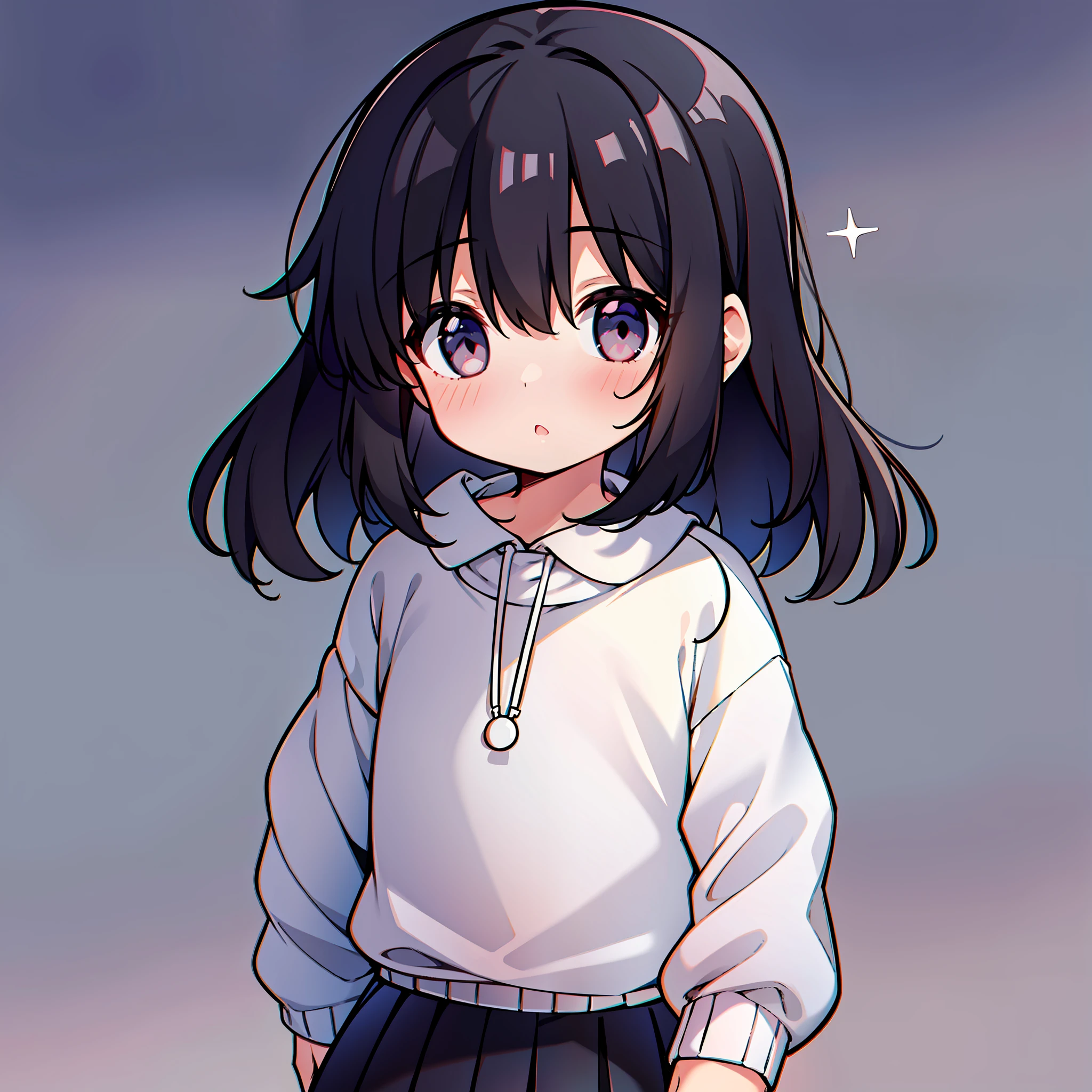 Girl, black hair, dark circles, blind eyes, flat chest, little girl, white sweater, no socks, about ten years old, loli, toddler