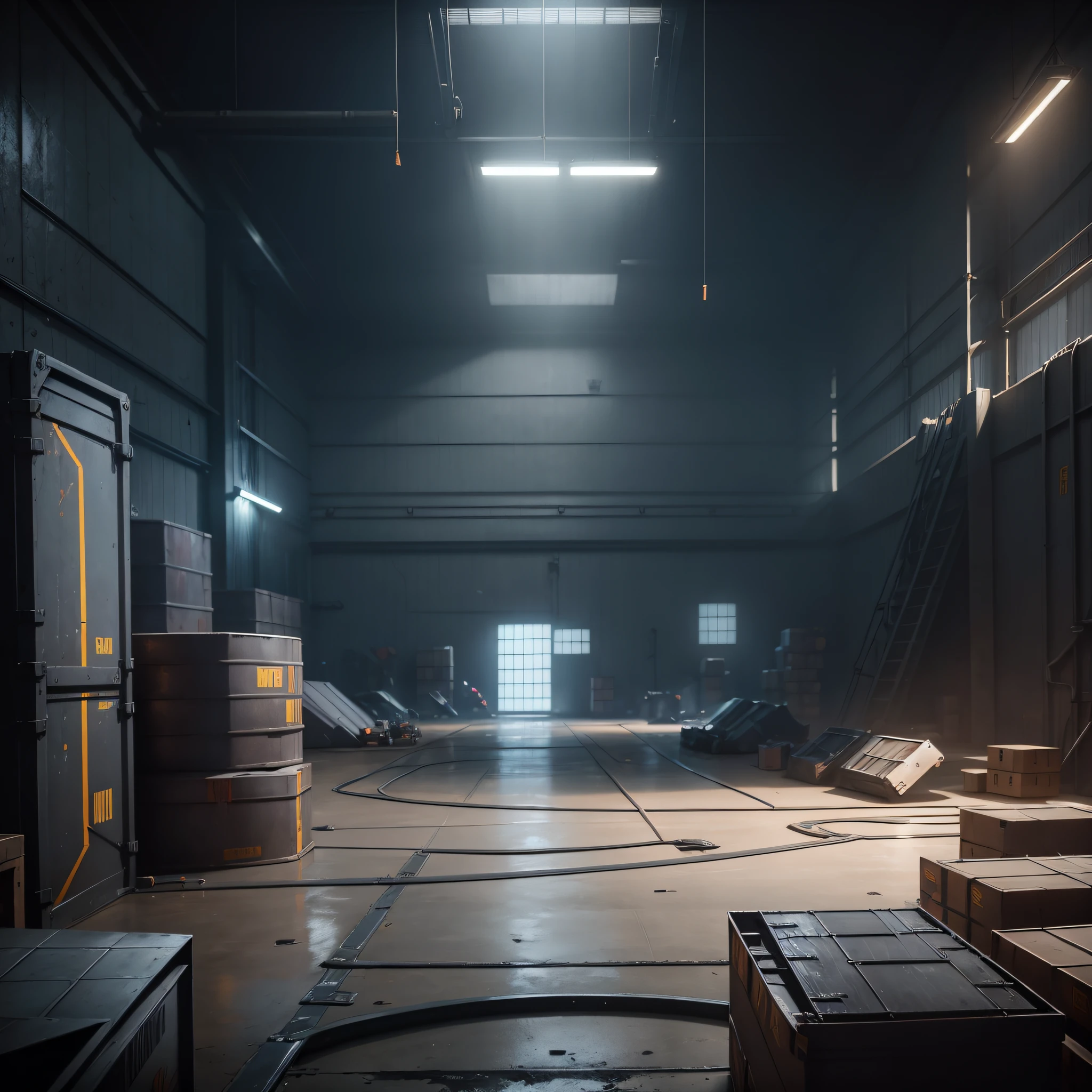 Inside the factory has boxes, factory background, interior lights, no sunlight [[1]], Overwatch building, [[empty factory]] background, interior background art, dark hangar background, weapon shop interior, random background scene, background art, secret shady lab, Overwatch design, EVA Unit-00 in the back, mirror edge art style, --s1 --auto