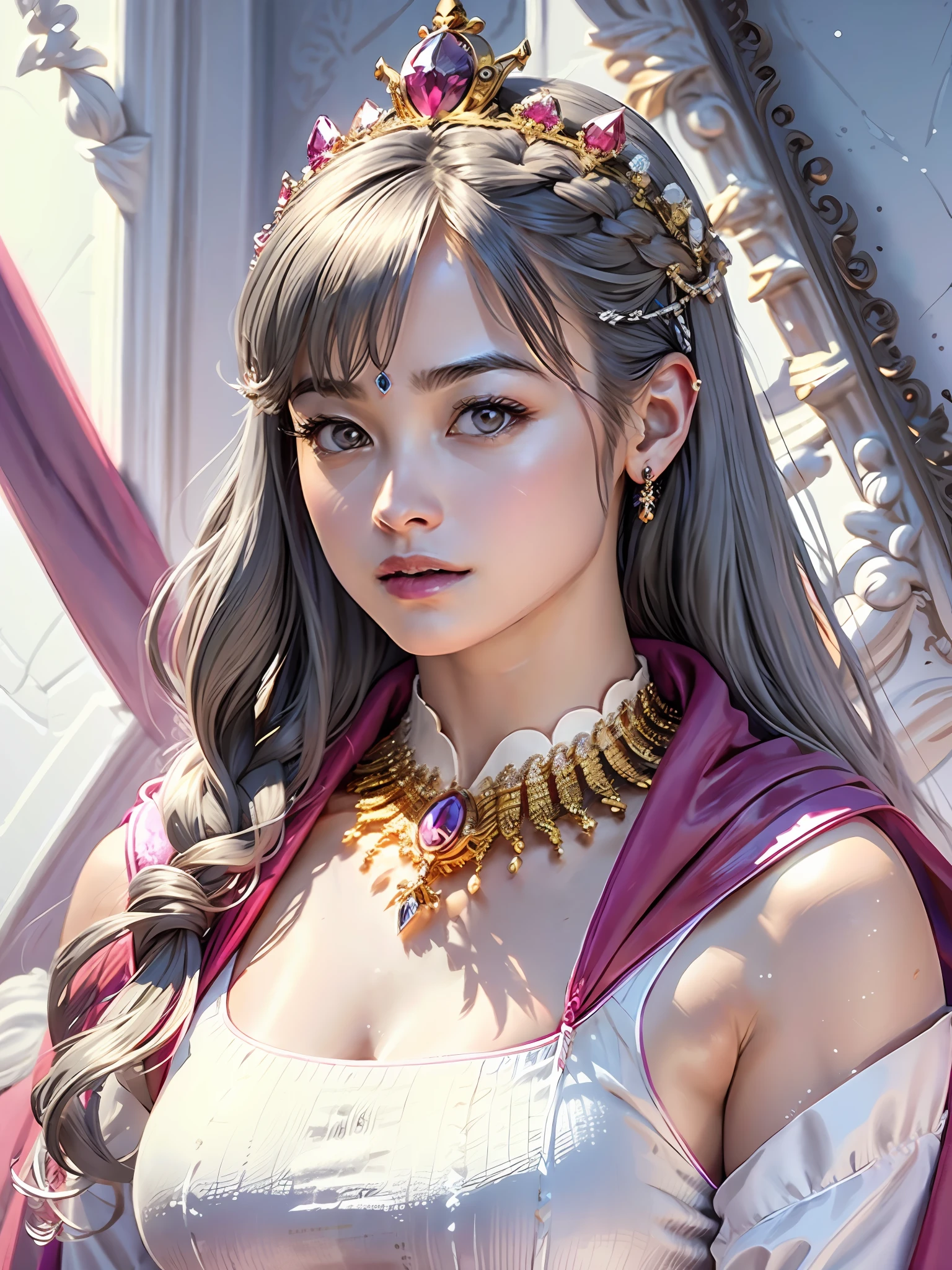 (masterpiece, top quality, highest quality, official art, beautiful and aesthetic: 1.2), ultra-detailed complex 3D rendering of face, various poses, ((Huge breasts: 1.4)), (Exposure: 1.1), pink micro bikini, , Perfect figure: 1.4, Slim abs: 1.1, (1 girl), Fur-lined purple cape, abs, jeweled detailed crown: 2.2), cleavage, gray hair, Detailed luminous necklace adorned with jewels with white skin, strong and detailed weapons