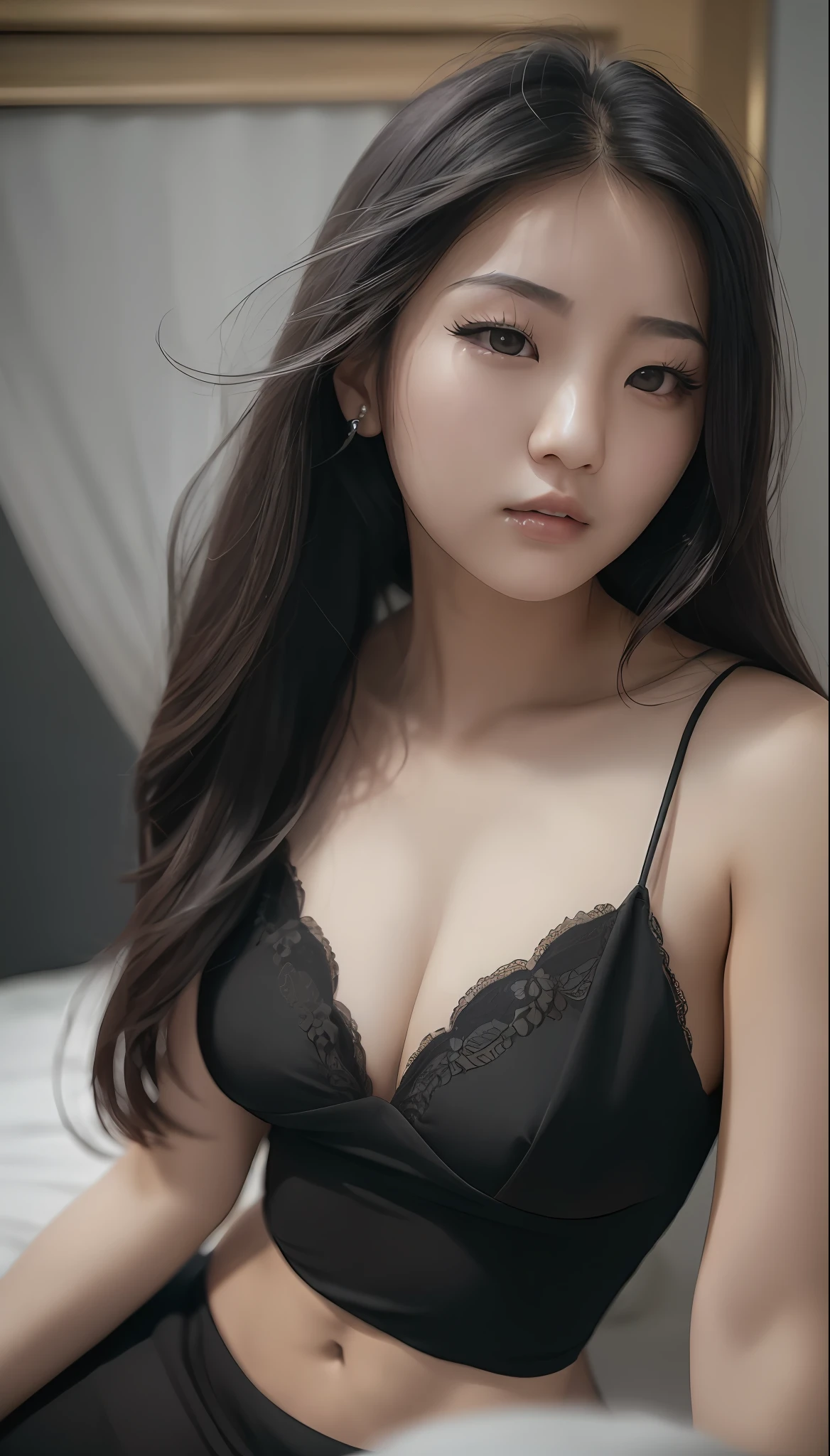 A woman in a black dress, close-up of sitting on bed, Korean girl, sexy look, sexy shot, young cute girl, beautiful asian girl, cute woman, (full body: 1.2), 8K, masterpiece, very high quality, high quality video,