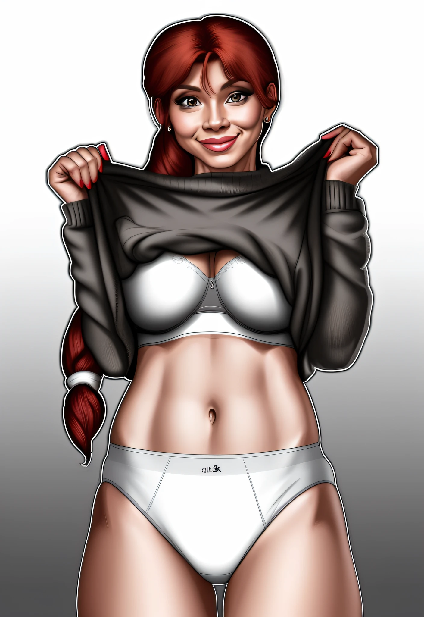 Red haired Latina lifting her grey sweater, to reveal her white bra and white high cut panties, realistic art style, detailed wrinkles