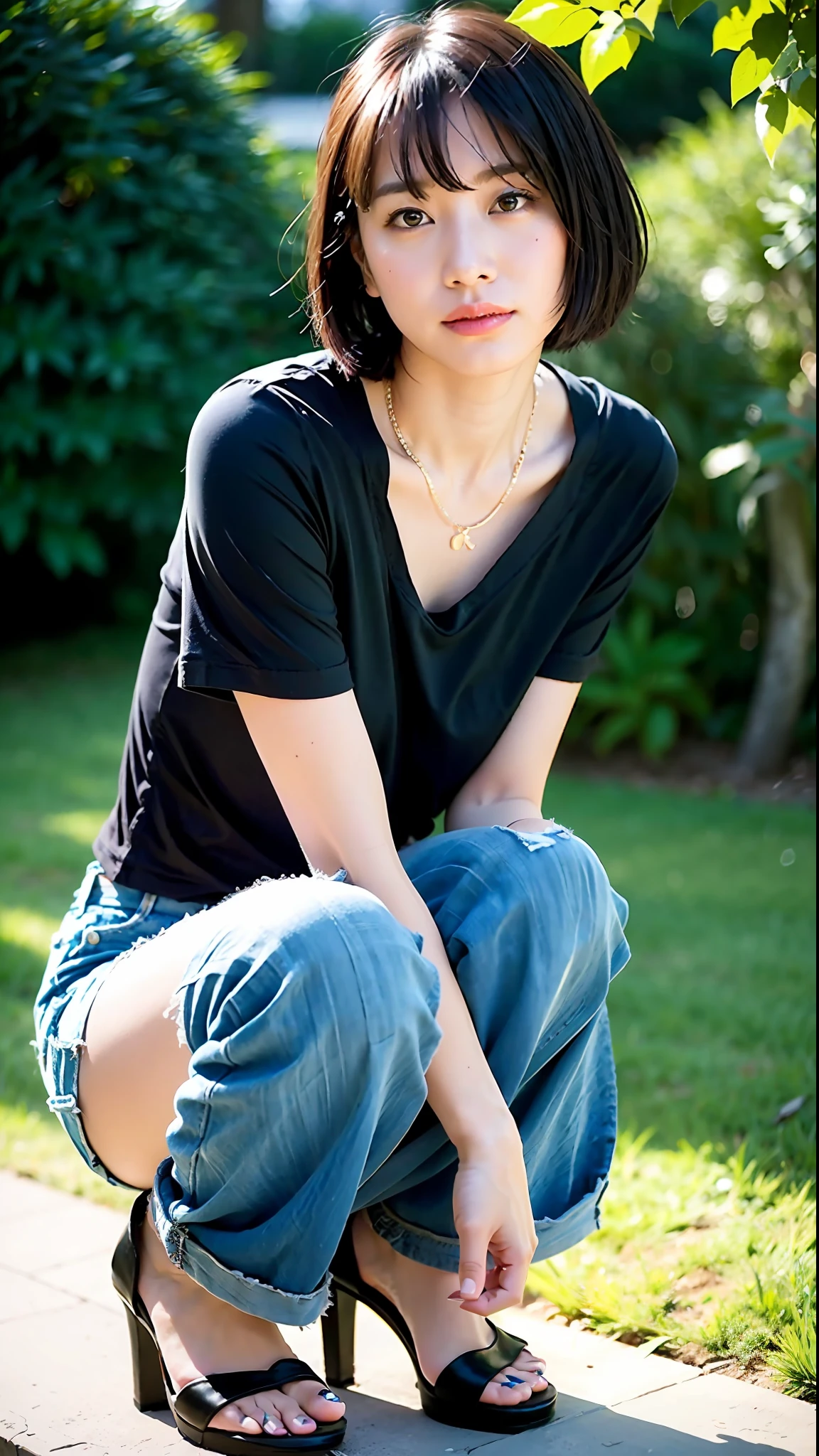 (Top Quality, 8k, 32k, Masterpiece, UHD: 1.2), Cute Japan Woman Pictures, 1gril, Black Short Hair, L (Forward Ening: 1.2), Squatting, (From Top: 1.3), POV, (Loose T-Shirt: 1.1), (Denim Shorts: 0.8), Lace Bra, Necklace, Small, Outdoor, High Heels, Raw Feet, Barefoot