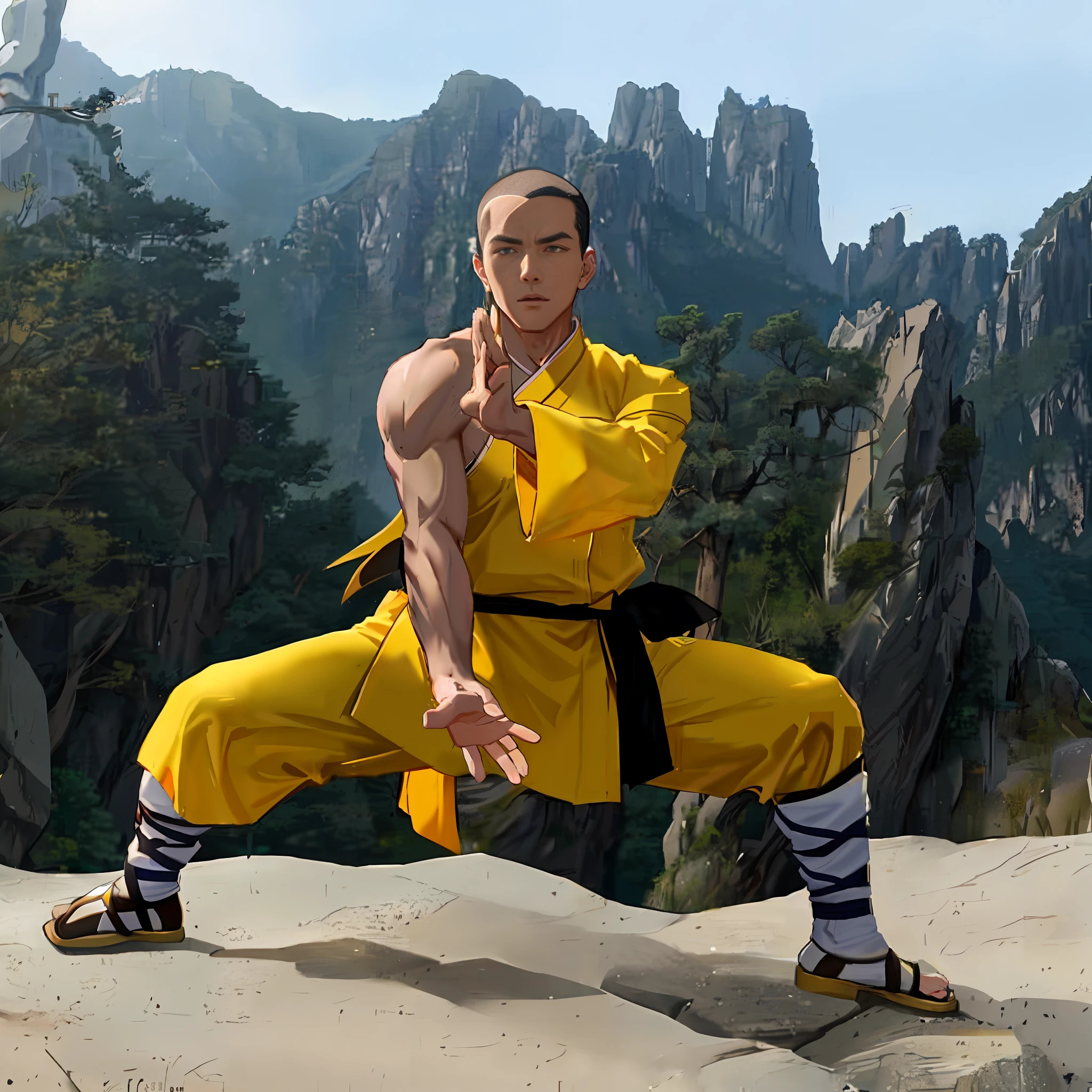 Arafed style anime good charity man in black suit doing a karate pose on a rock, martial art pose, sifu style: 2, dojo on a mountain, with yellow fabrics, kung-fu, inspired by Liao Chi-chun, avatar aang, yellow robes, inspired by Zhao Mengfu 🔥 😎 🕹️ 👀, fisting monk