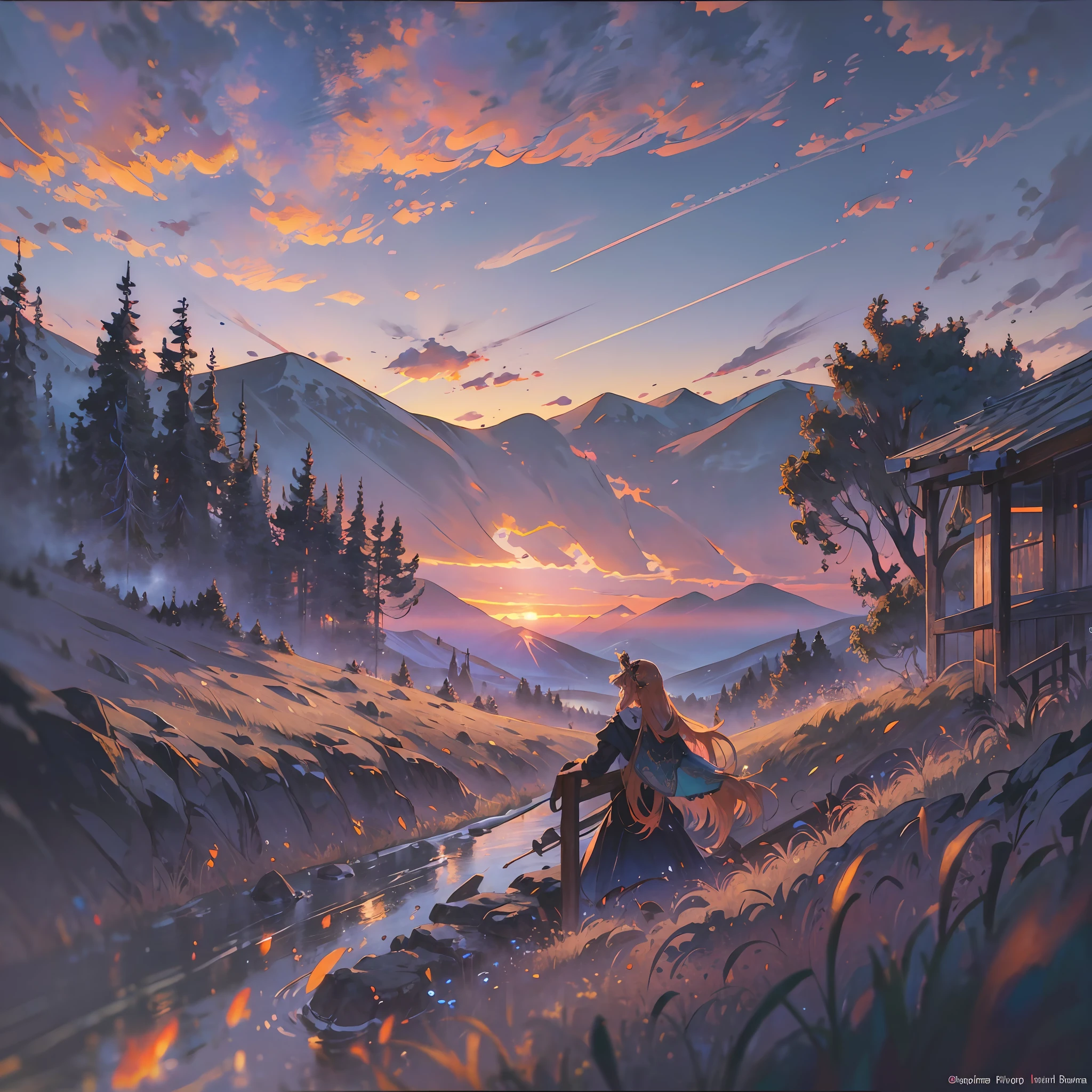 8k, (sexy:1.2), lingerie, girly photo, (ginger hair:1.1), long hair fluttering in the wind, blue eyes, upper body leaning on front medieval railing, head resting on hands, small village under the hill, (headdress), longing look, contemplation, shooting from below, particle effects, (sunset), medium breasts, Albert Lynch, J.C. Leyendecker, Ruan Jia, Gaston Bussiere, Alexandre Cabanel, WLOP, Masterpiece, Volumetric Lighting, HD, (Chromatic Aberration), Detailed Pupil, Dichromatic, FOV, ((realistic), (WLOP), cowboy shot, (intricate), contrast, vibrous colors, leaning forwards, mountains in background, (sunset:1.2), nude , (wlop, nixeu) --auto --s2