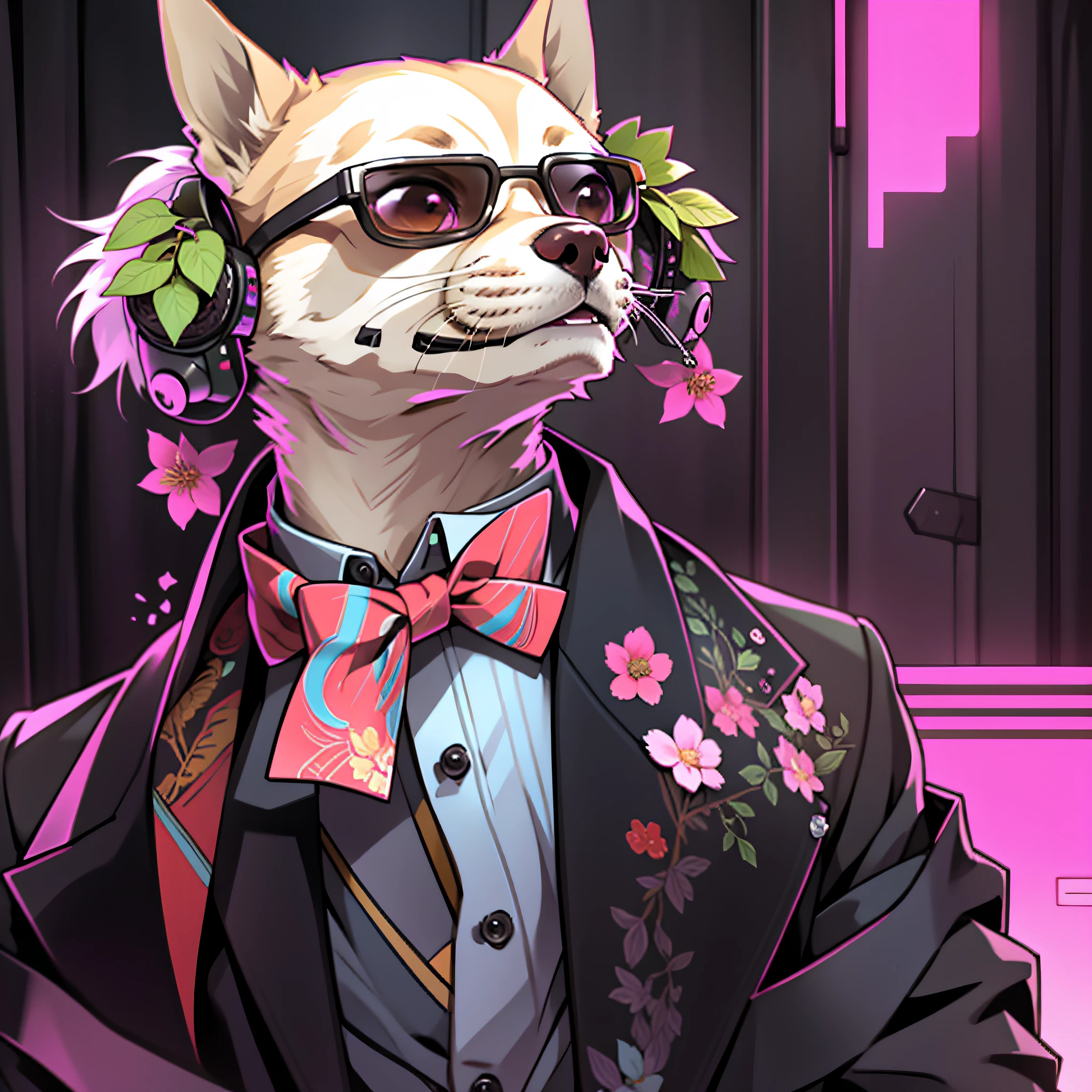 Chihuahua in a suit and bow tie with a flower in his mouth, with clothes from the ultra-realistic cyber punk game --auto --s2