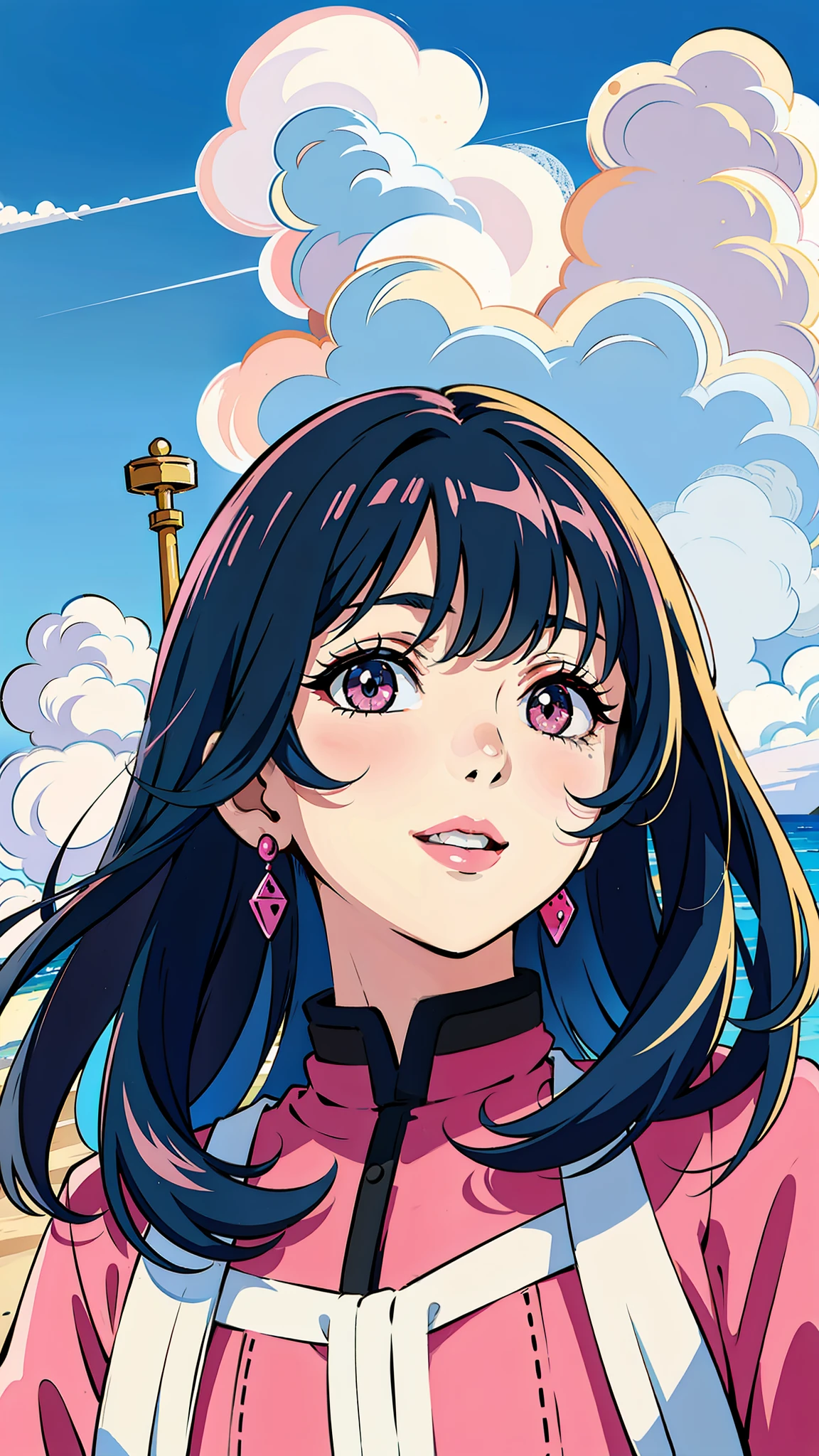 (masterpiece),(best quality:1.0), (ultra highres:1.0), detailed illustration, 8k, anime, 1girl, beautiful anime girl, wearing a pink dress, earrings , intricate details, black eyes, detailed eyes, pink eyeshadow, black hair, detailed hair detailed, highlights on hair, smiling, matte lipstick, perfect lips, beach, sunny, clear sky, clouds anime style, best quality, detailed