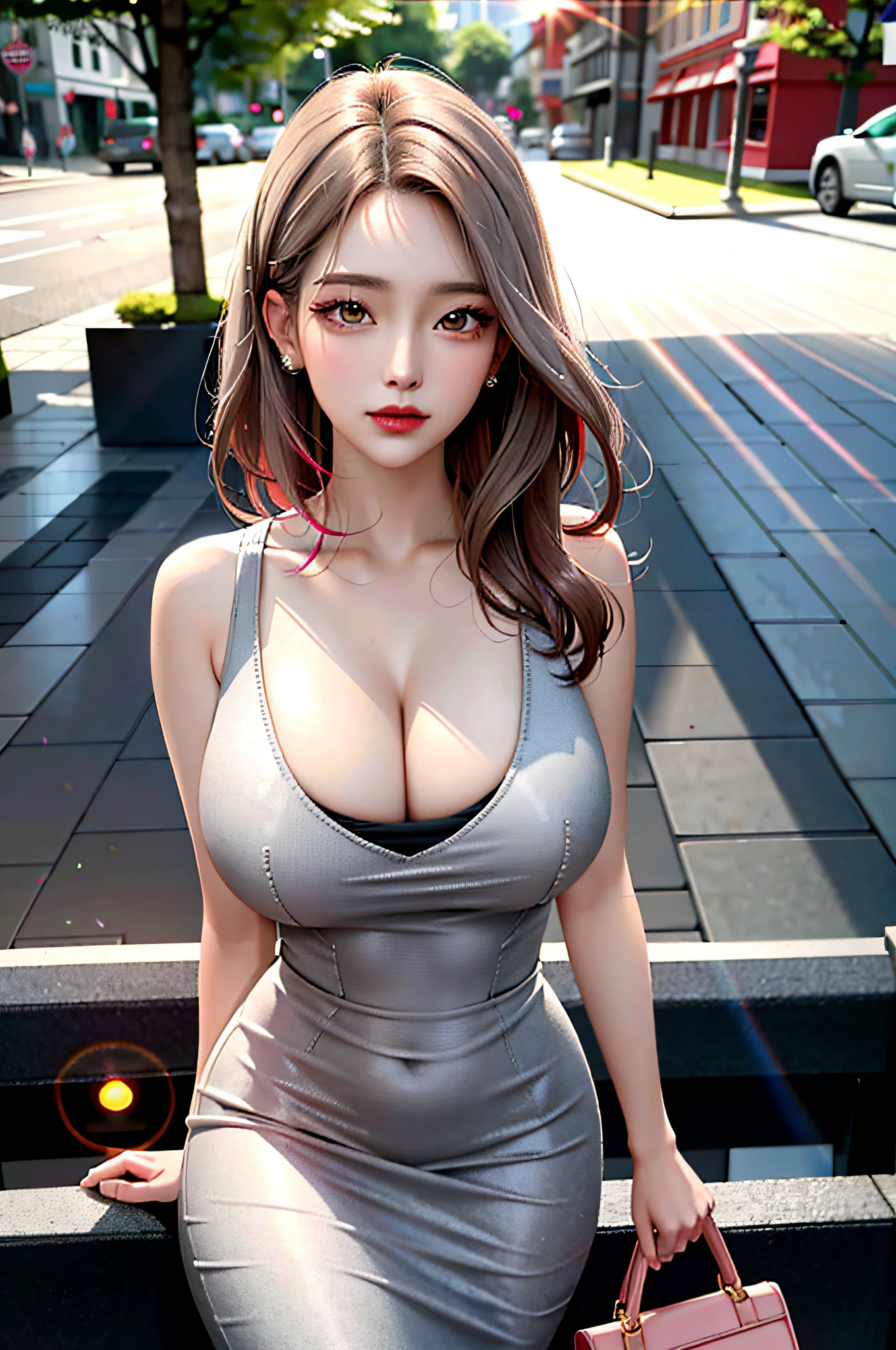 RAW, 1girl, solo, colorful, (masterpiece, best quality:1.3), (absurdres:1.3), walking, holding Luxury handbag,
(detailed skin:1.3, detailed face:1.3), from above, looking at viewer,
sharp focus, delicate, (korean beauty, korean mixed:1.3), (mature female:1.2),
(huge breasts:1.4, thick thighs:1.2, narrow :1.1), light smile,
(big_eyes:1.2, brown_eyes), red_eyeshadow, pink lips,
(straight hair), looking at viewer, (thin gray v-neck long midi dress:1.2),
park, english text, day, (sunlight on face:1.5), open_blazer,