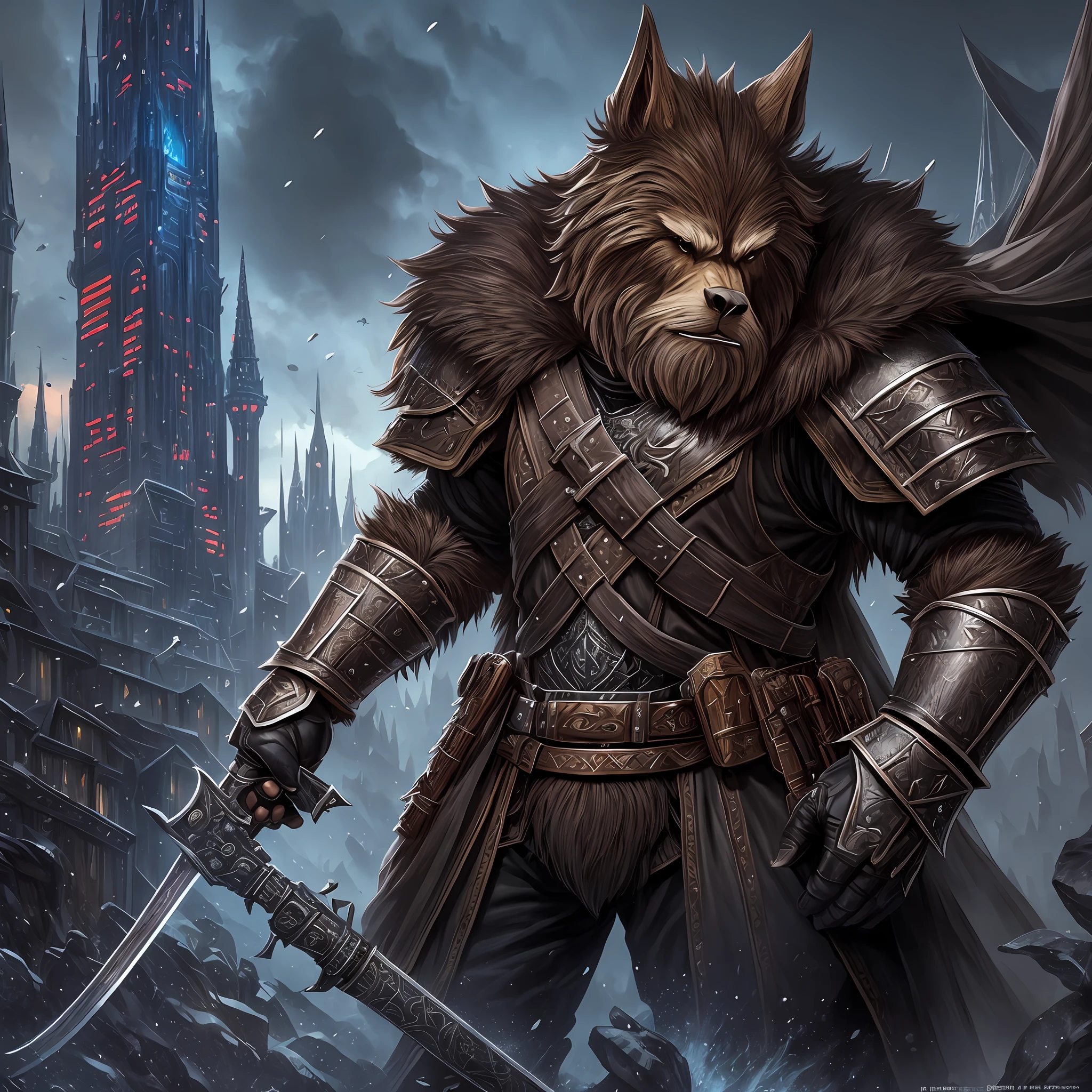 Male bugbear, human like featuers full body, 4k fantasy art, with short brown hair, 4k fantasy art, wearing black leather armor with studs, black cloak, armed with rifle fantasy art, a4k fantasy art, RPG art, dnd art holding a gun 4k fantasy art, in a fantasy urban city background 4k fantasy art --auto --s2
