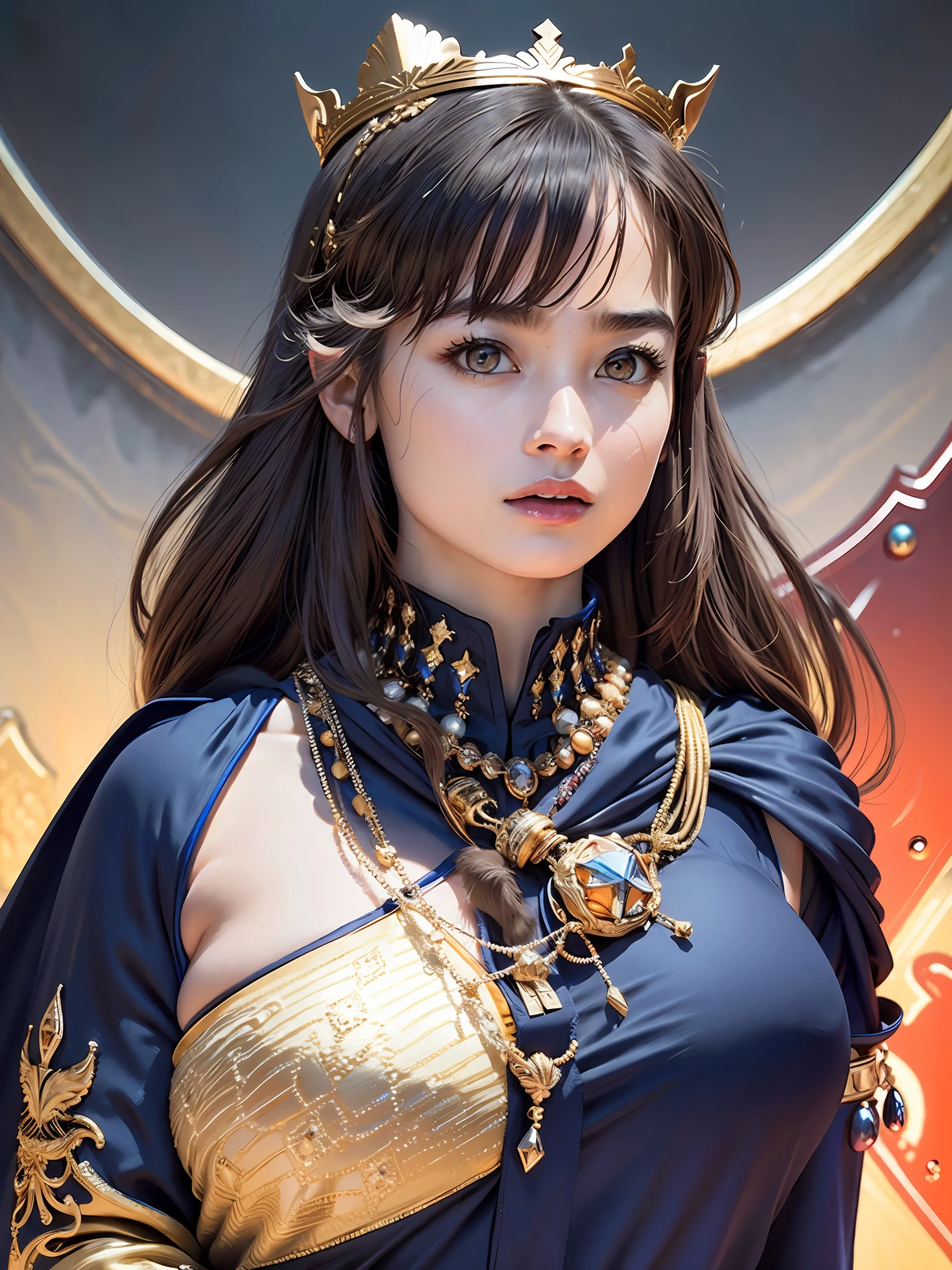 (masterpiece, top quality, highest quality, official art, beautiful and aesthetic: 1.2), ultra-detailed complex 3D rendering of face, various poses, ((Huge breasts: 2.4)), (Exposure: 4.1), black micro bikini, , Perfect figure: 1.4, Slim abs: 1.1, (1 girl), blue cape lined with fur, abs, detailed crown decorated with precious stones: 2.2), cleavage, brown hair, Detailed jeweled necklace with white skin, strong and detailed weapon, beautiful and luxurious shield