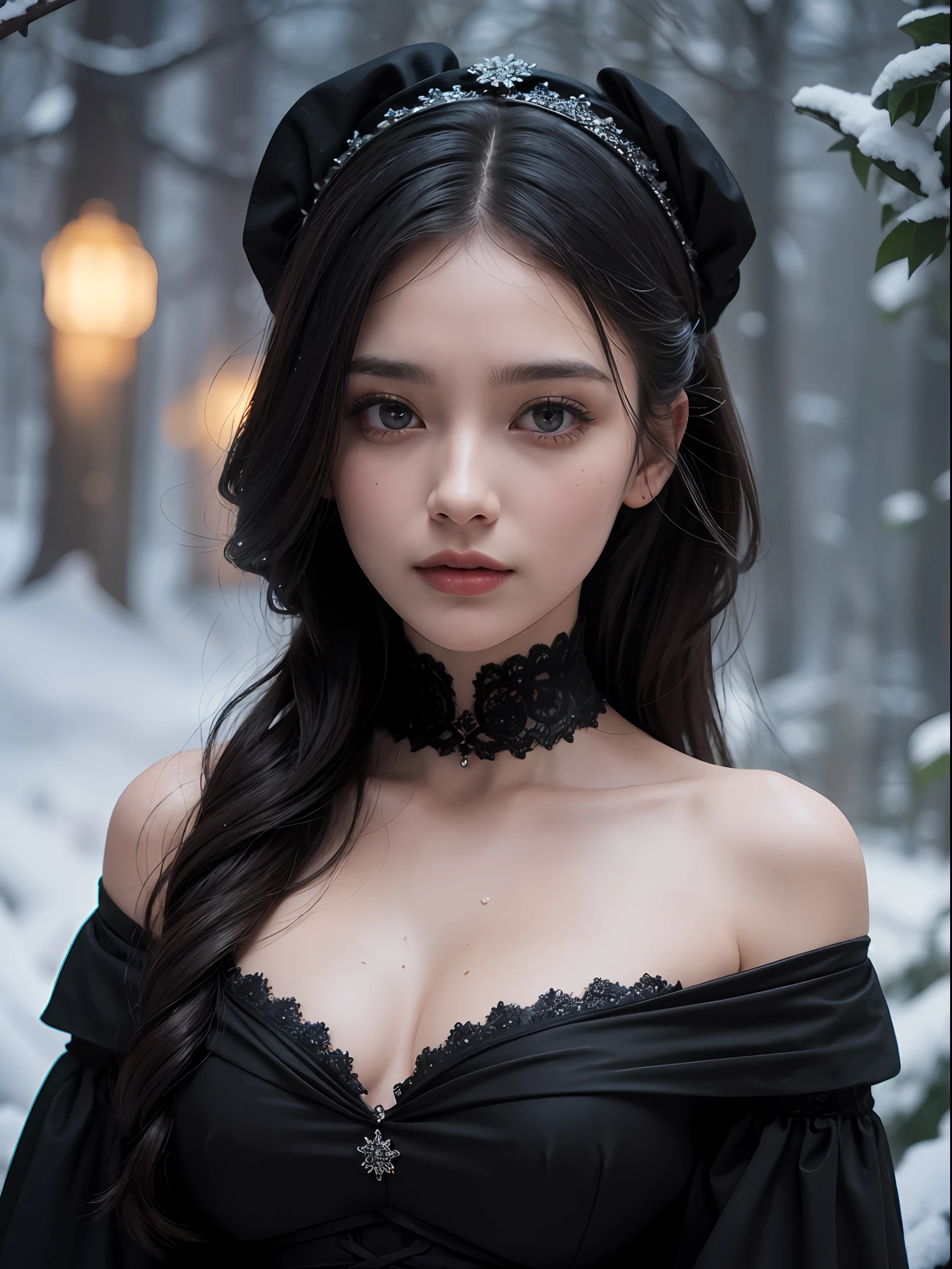 (Upper body close up), a woman in black victorian dress, off shoulder, snow rain forest background, intricate detailed , (highly detailed skin,face,eyes), delicate eyes, ultra hi-res photo, (masterpiece,top quality,realistic),