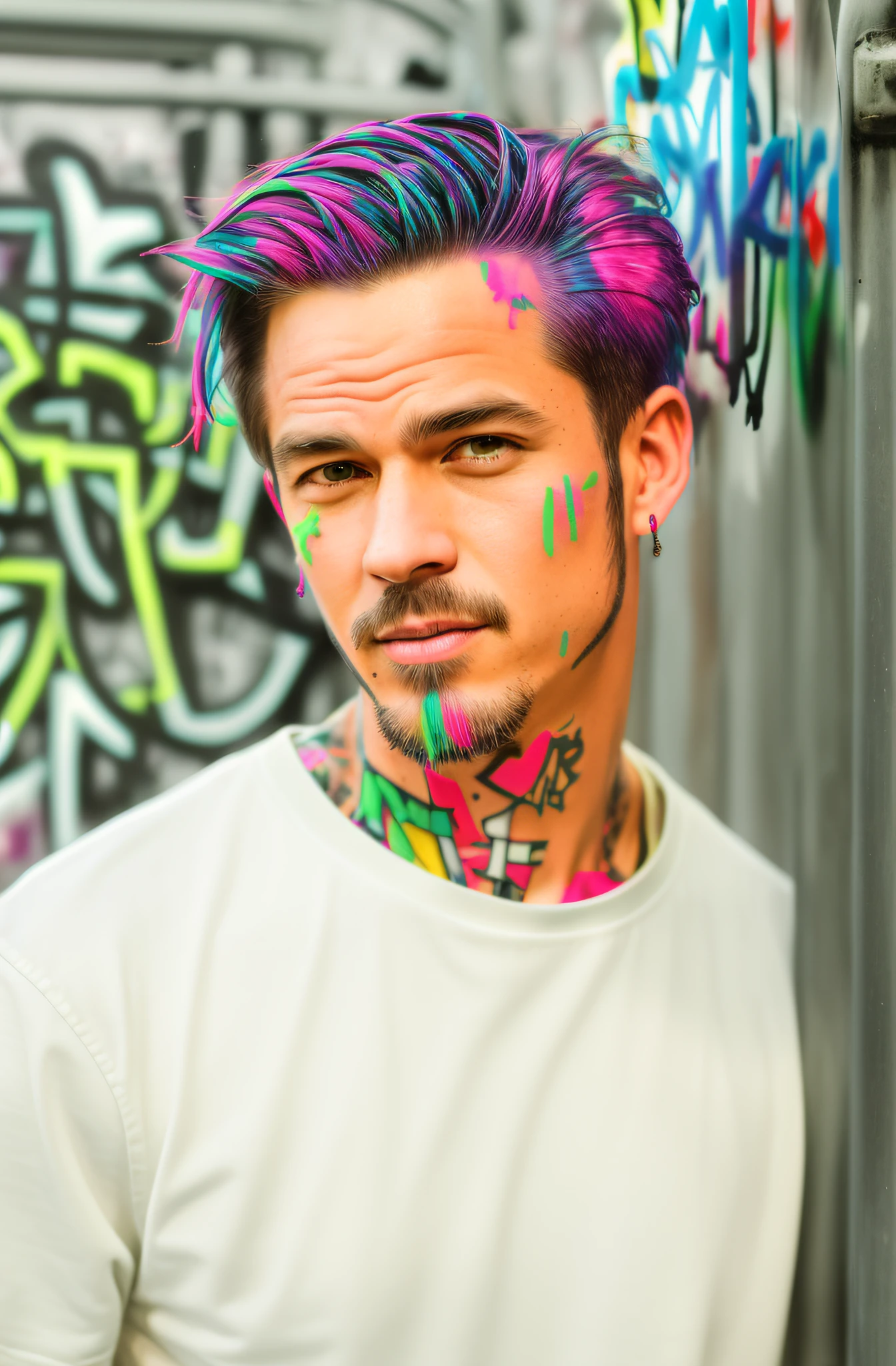 HD, (Best Detail) (Best Quality), There is a man standing by the fence holding a mobile phone, (((Graffiti Art))), ((Trigger Studio Style, Graffiti Art, Rock Punk, Neon Colors))), Carne Griffiths