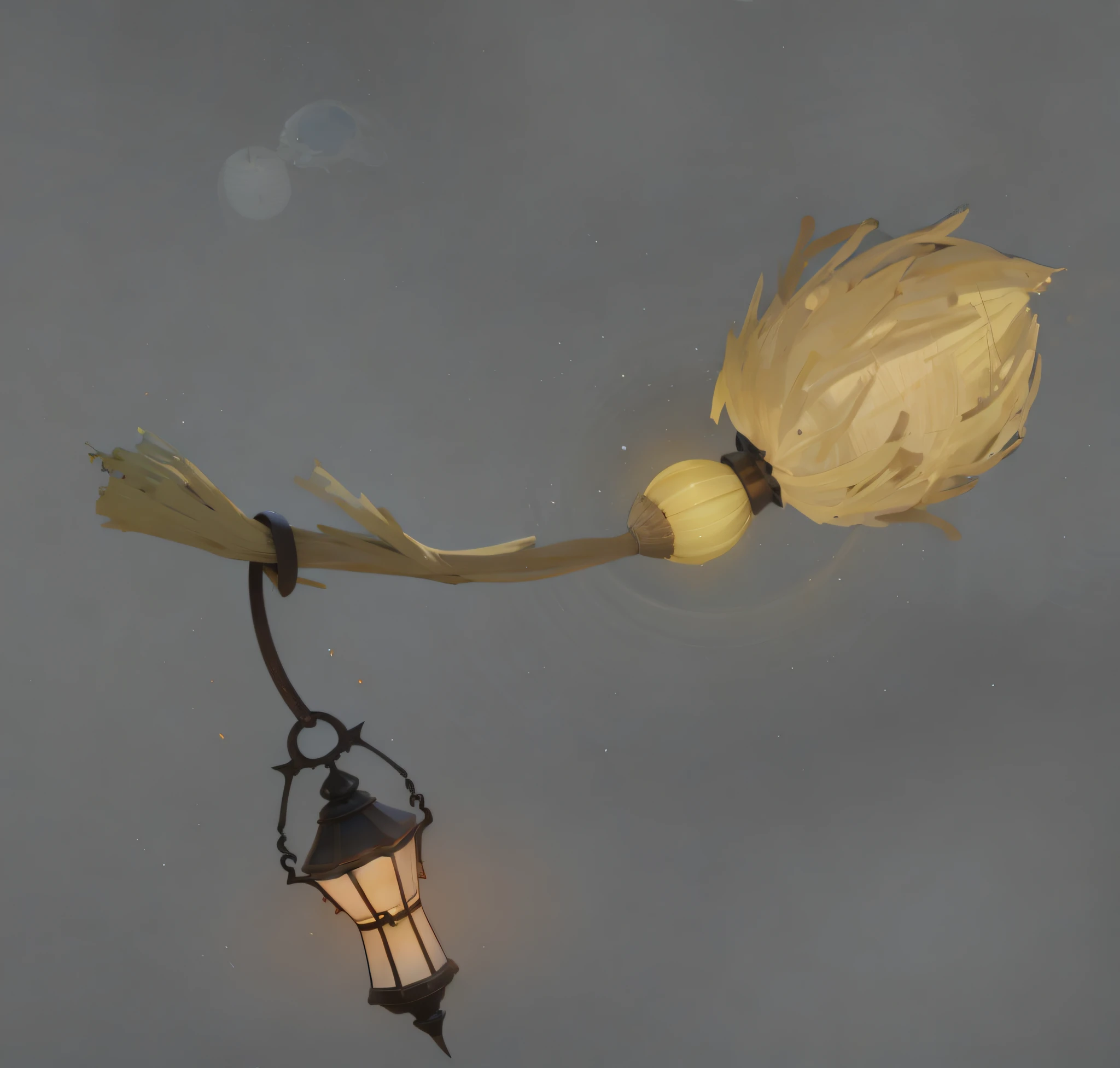 Broom, magic broom, lamp, lantern, 3D two-dimensional