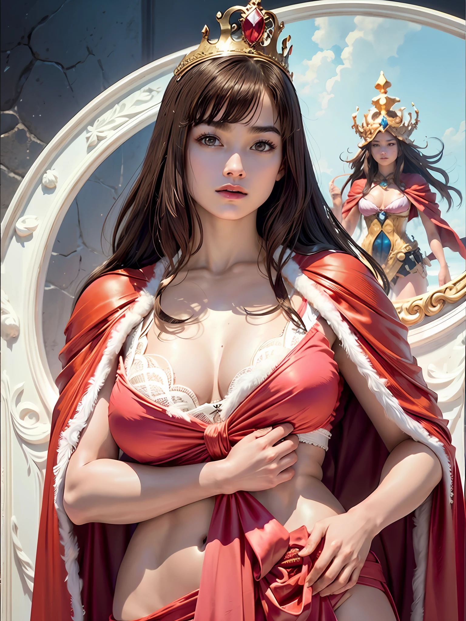 (masterpiece, top quality, highest quality, official art, beautiful and aesthetic: 1.2), ultra-detailed complex 3D rendering of face, various poses, ((Huge breasts: 2.4)), (Exposure: 3.1), pink micro bikini, , Perfect figure: 1.4, Slim abs: 1.1, (1 girl), fur-lined red cape, abs, jeweled detailed crown: 2.2), cleavage, brown hair, with white skin, strong and detailed weapons, with a beautiful and luxurious shield