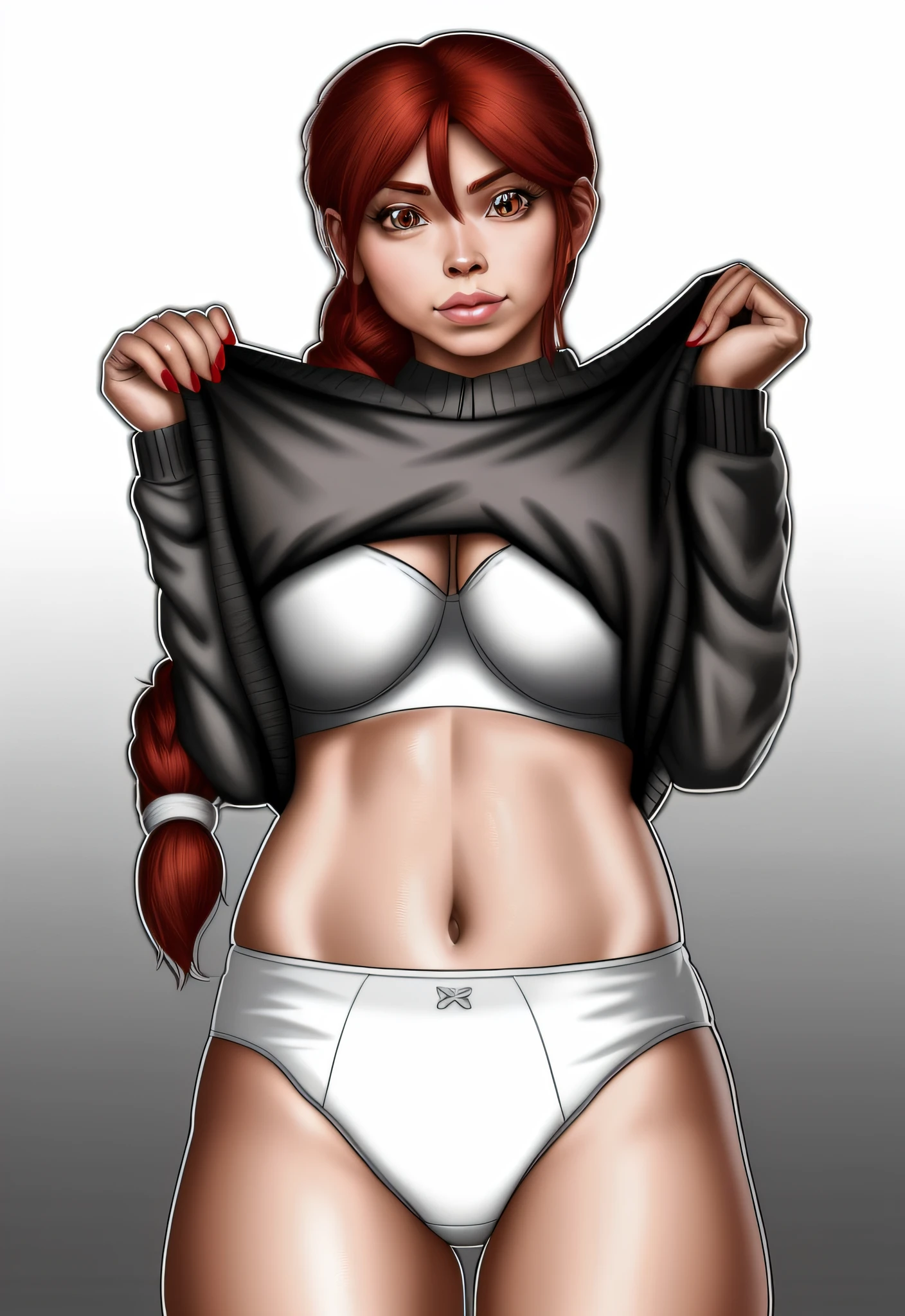 Red haired Latina lifting her grey sweater, to reveal her white bra and white high cut panties, anime art style, detailed wrinkles