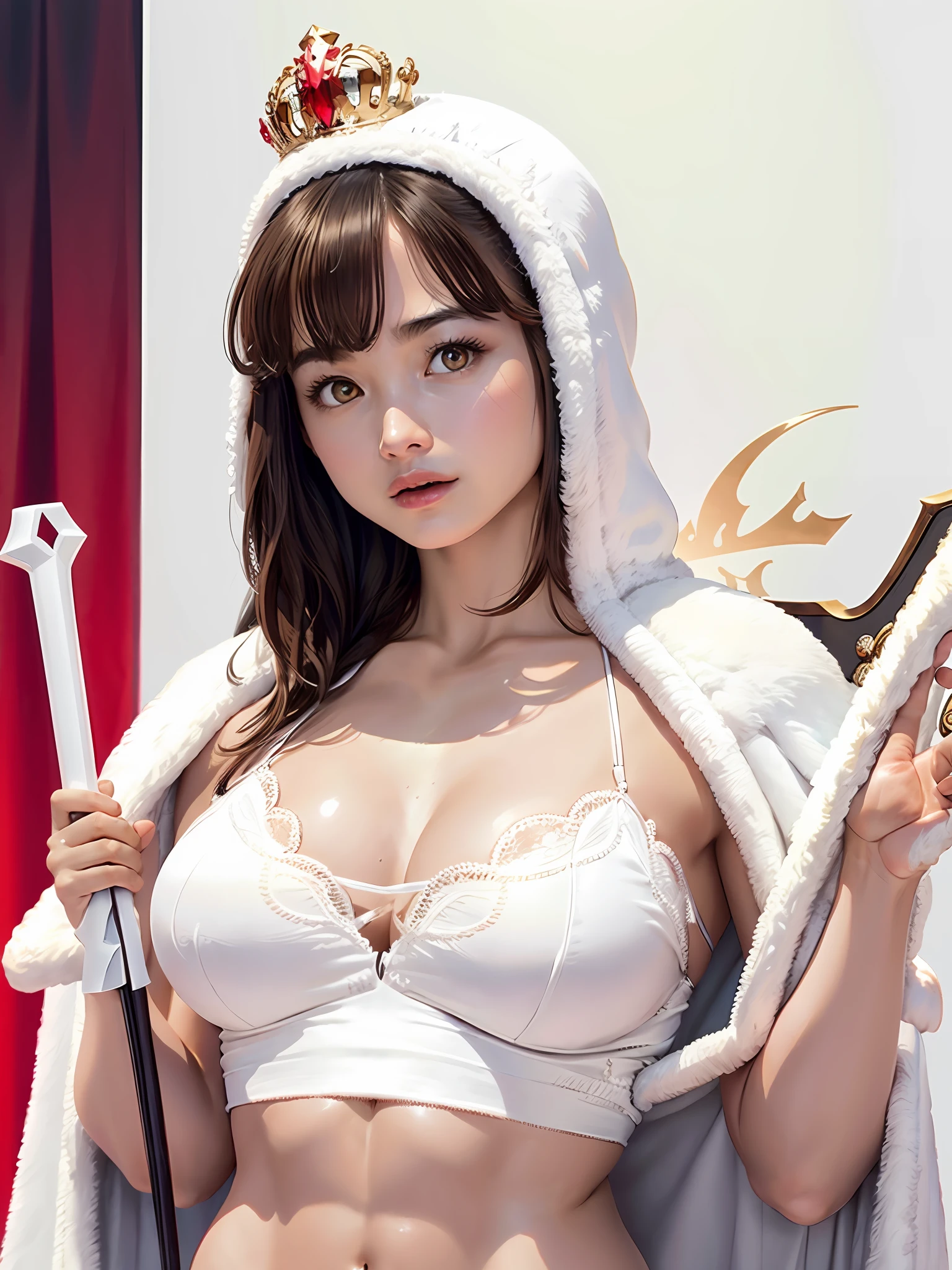 (masterpiece, highest quality, highest quality, official art, beautiful and aesthetic: 1.2), ultra-detailed complex 3D rendering of face, various poses, (((Huge breasts: 3.4)), (Exposure: 2.1), white micro bikini, , Perfect figure: 1.4, Slim abs: 1.1, (1 girl), fur-lined red cape, abs, jeweled detailed crown: 2.2), cleavage, brown hair, White skin, strong and detailed weapons, clean and luxurious shield