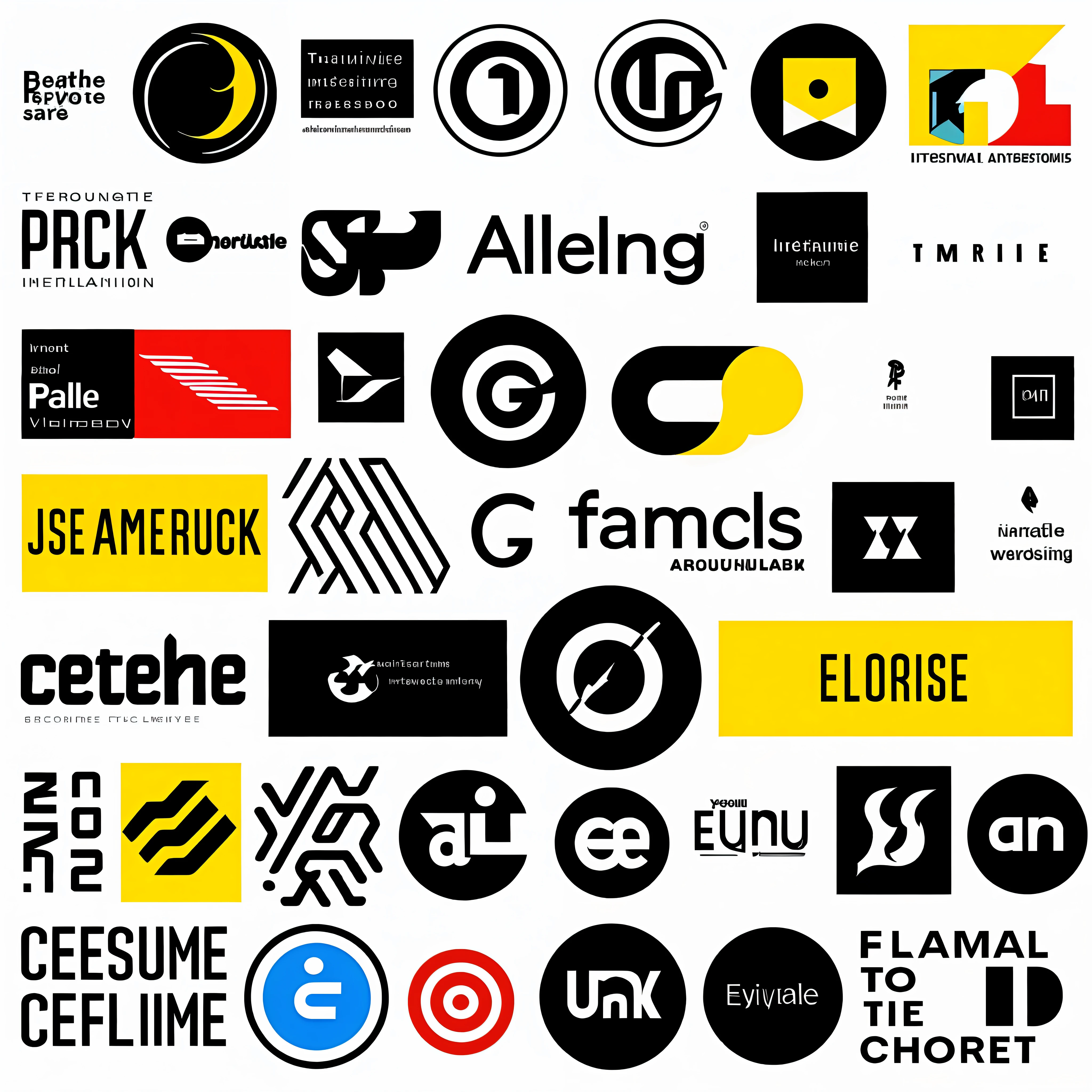 Small collection of various logos, punk rock theme, colorful computer graphics, international typographic style graphic logo, logo mark, Jean Arp, lines isolated on white background