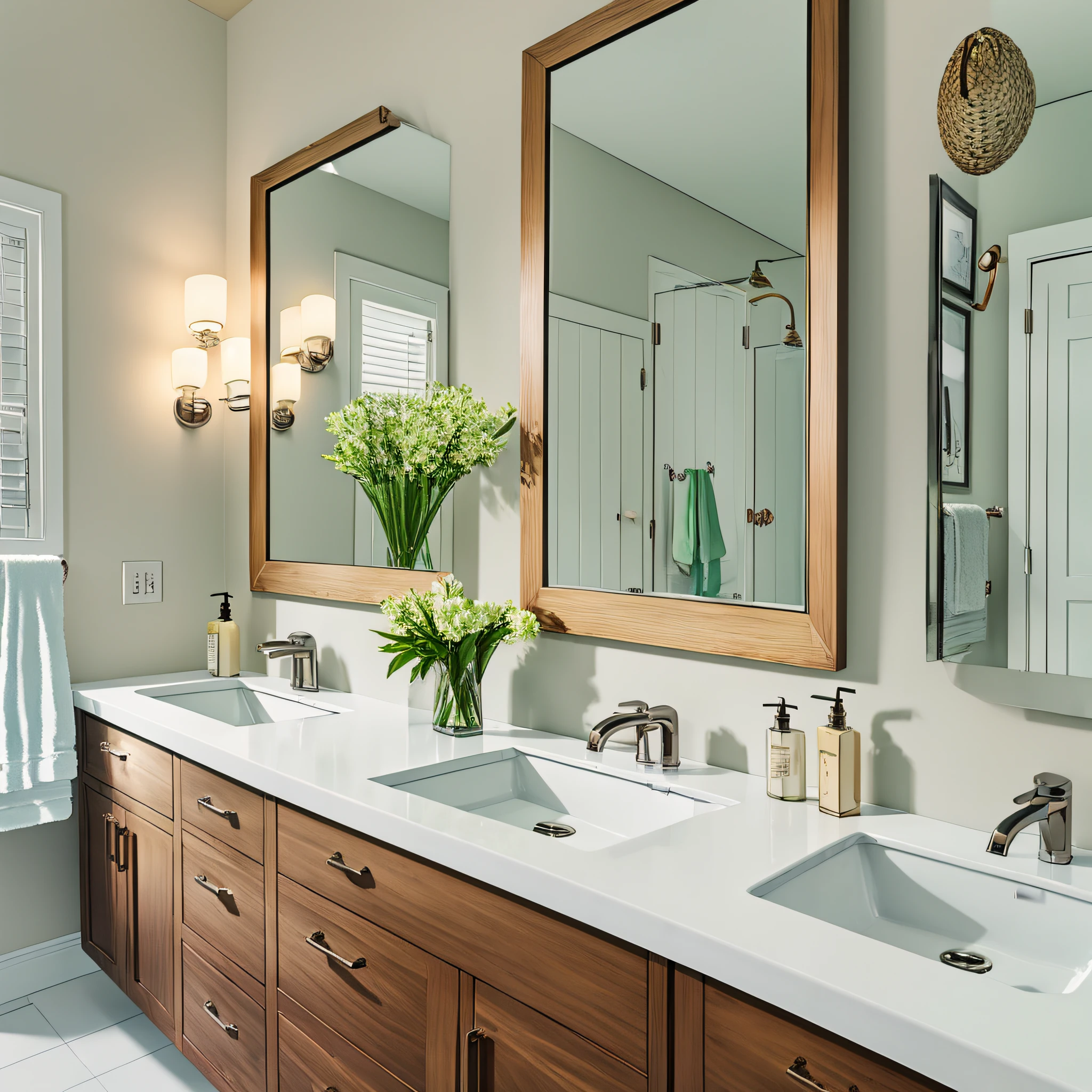 US style bathroom, with significant mirrors, basins, faucets and racks --auto --s2