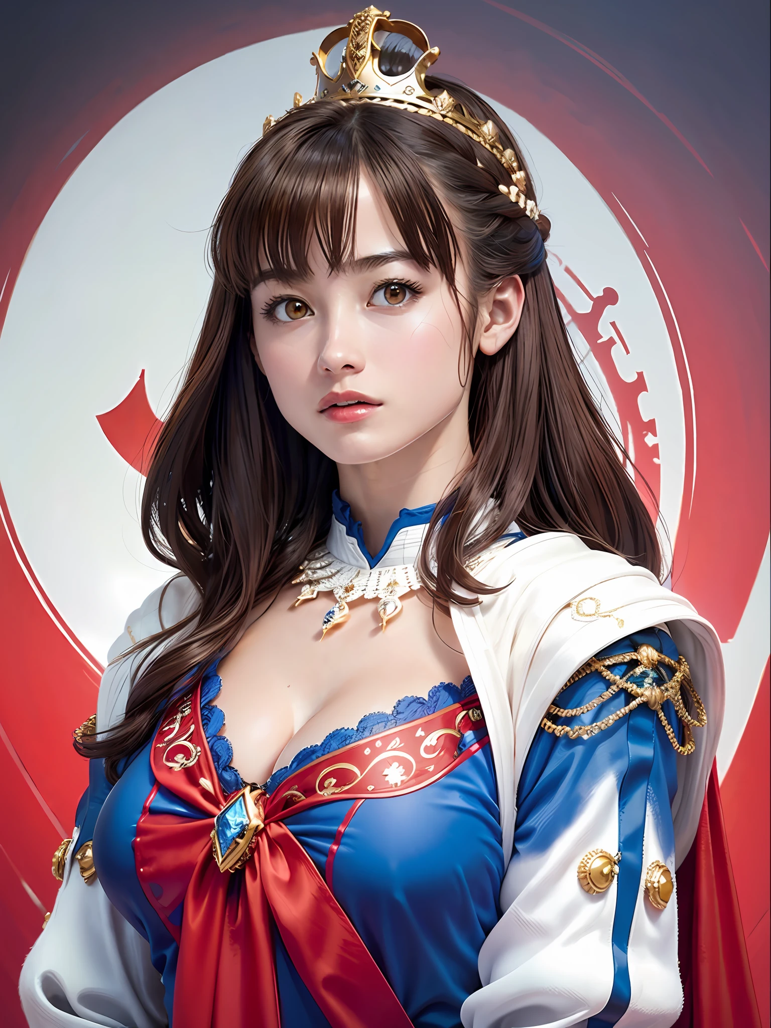 (masterpiece, top quality, highest quality, official art, beautiful and aesthetic: 1.2), ultra-detailed complex 3D rendering of face, various poses, ((Huge breasts: 3.4)), (Exposure: 2.1), blue micro bikini, , Perfect figure: 1.4, Slim abs: 1.1, (1 girl), red cape lined with fur, detailed crown decorated with precious stones: 2.2), cleavage, brown hair, white skin, With a beautiful and luxurious shield with a strong and detailed weapon