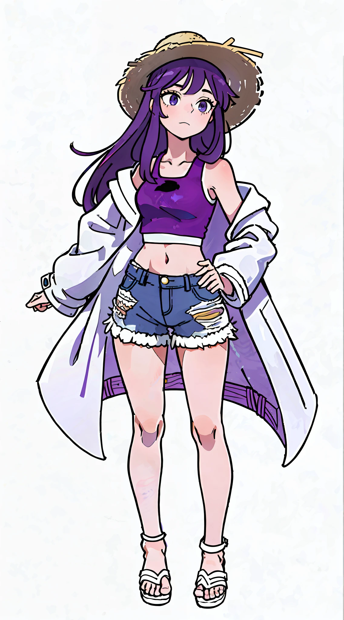 Super high resolution, a 17 year old girl, shoulder-length dark purple long hair, lost expression, wearing a purple crop top vest and white long coat, only white coat, super short jeans on the legs, beautiful bare legs, anime style, full body shot, white background, straw hat, white sandals, bare feet