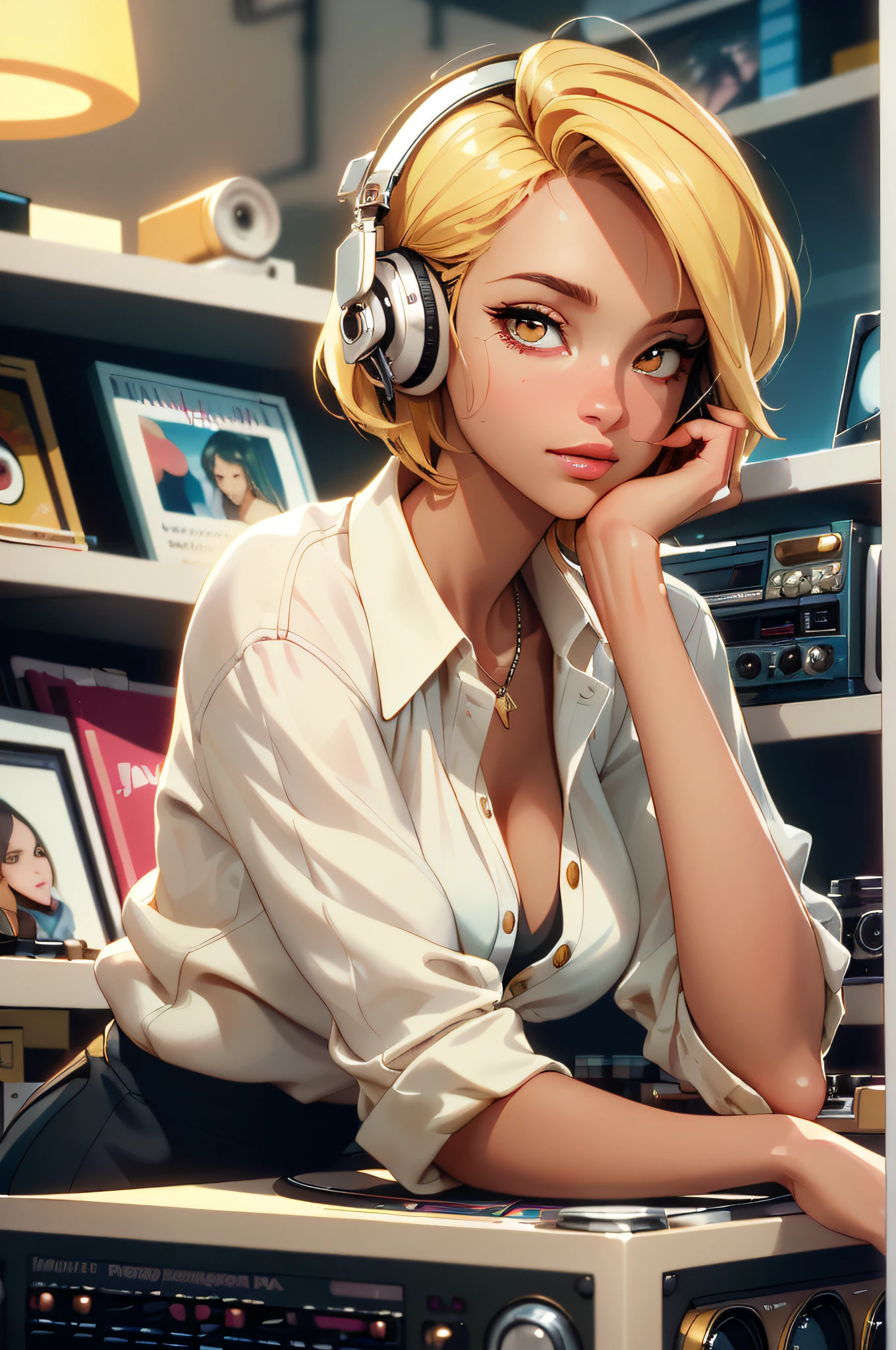 (masterpiece, best quality:1.4), ultra-detailed, soft light, natural lighting, cinematic light, film grain, (depth of field), (1woman, solo:1.4), mature woman, perfect female form, (perfect face, detailed face, glossy lips, eyeliner), short hair, blonde, (mixtape:1.4), (music store, discs, vinil, radio, amplifiers, speakers),
