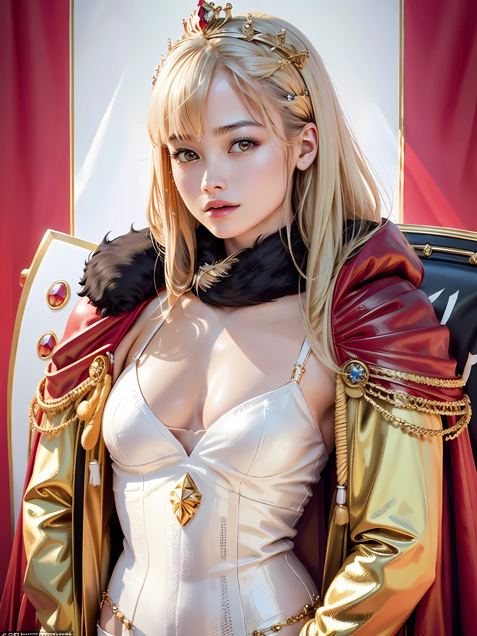 (masterpiece, top quality, highest quality, official art, beautiful and aesthetic: 1.2), ultra-detailed complex 3D rendering of face, various poses, ((exposed: 2.4)), black micro bikini, (exposure: 2.1), Perfect figure: 1.4, slim abs: 1.1, (1 girl), red cape lined with fur, detailed crown decorated with jewels: 2.2), cleavage, blonde, white skin, With a beautiful and luxurious shield with a strong and detailed weapon