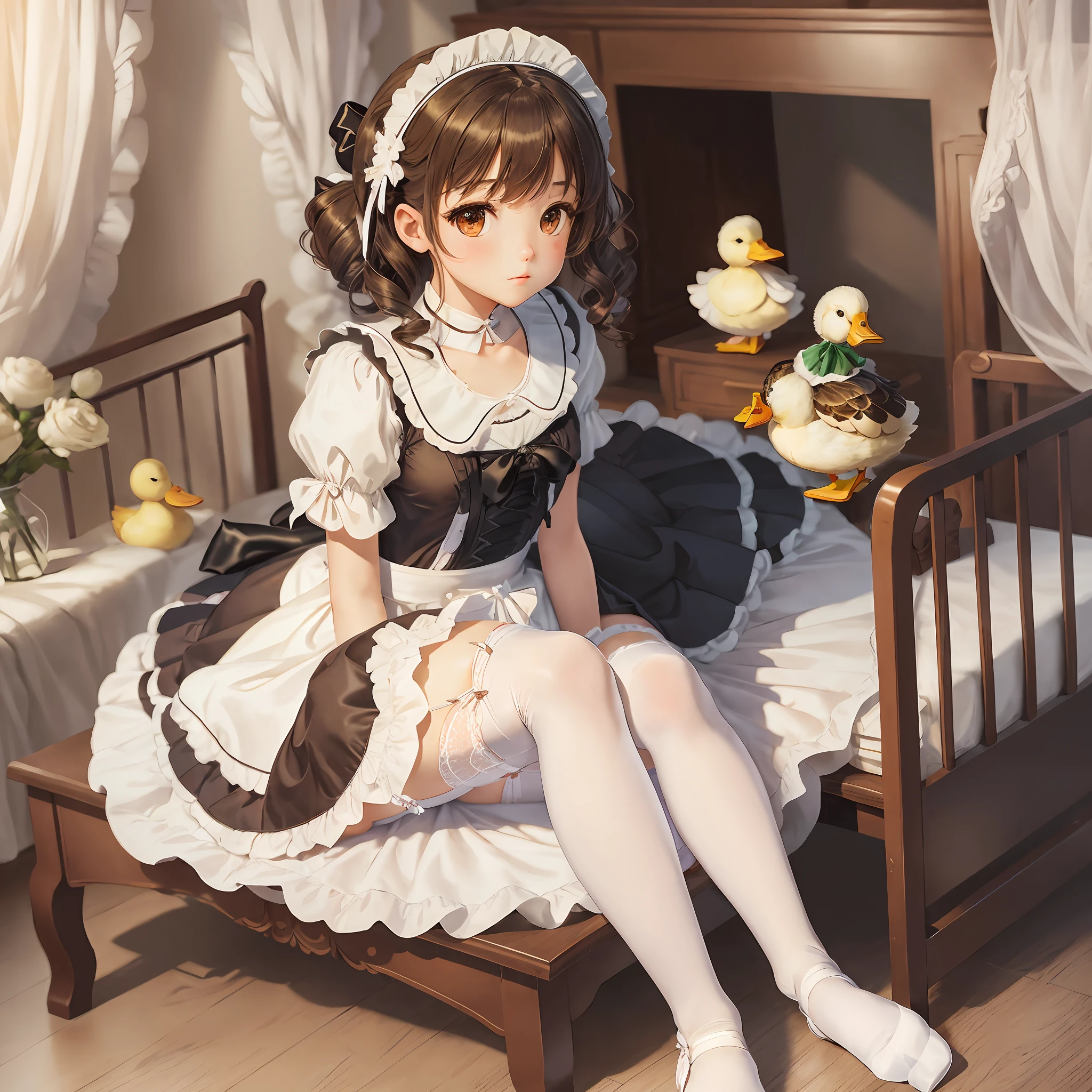 1girl, CG, Masterpiece, Best Quality, Maid, Maid Outfit, Duck Sitting on Bed, Tied, Lori, Over-the-Knee White Stockings, Tortoiseshell Binding, --auto --s2