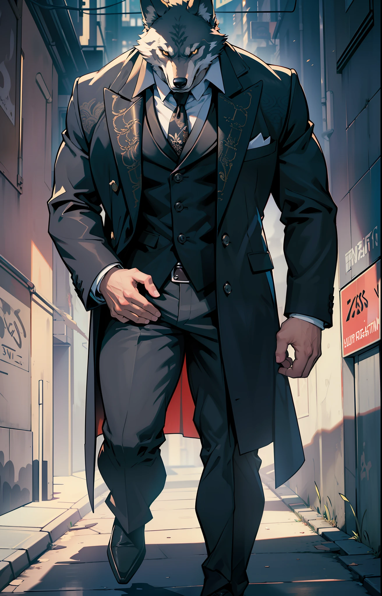 Masterpiece, (Ultra Detailed), (Animal Anthropomorphism), Gangster Theme, Wolf, Handsome, Trench Coat, Dim Lights, Smoke, Shadow, Corrupt Cityscape, Highest Quality, Single Focus, (skimming: 1.1), Muscle Man, Full Body, Intricate (High Detail: 1.1) Unreal Engine. --auto --s2