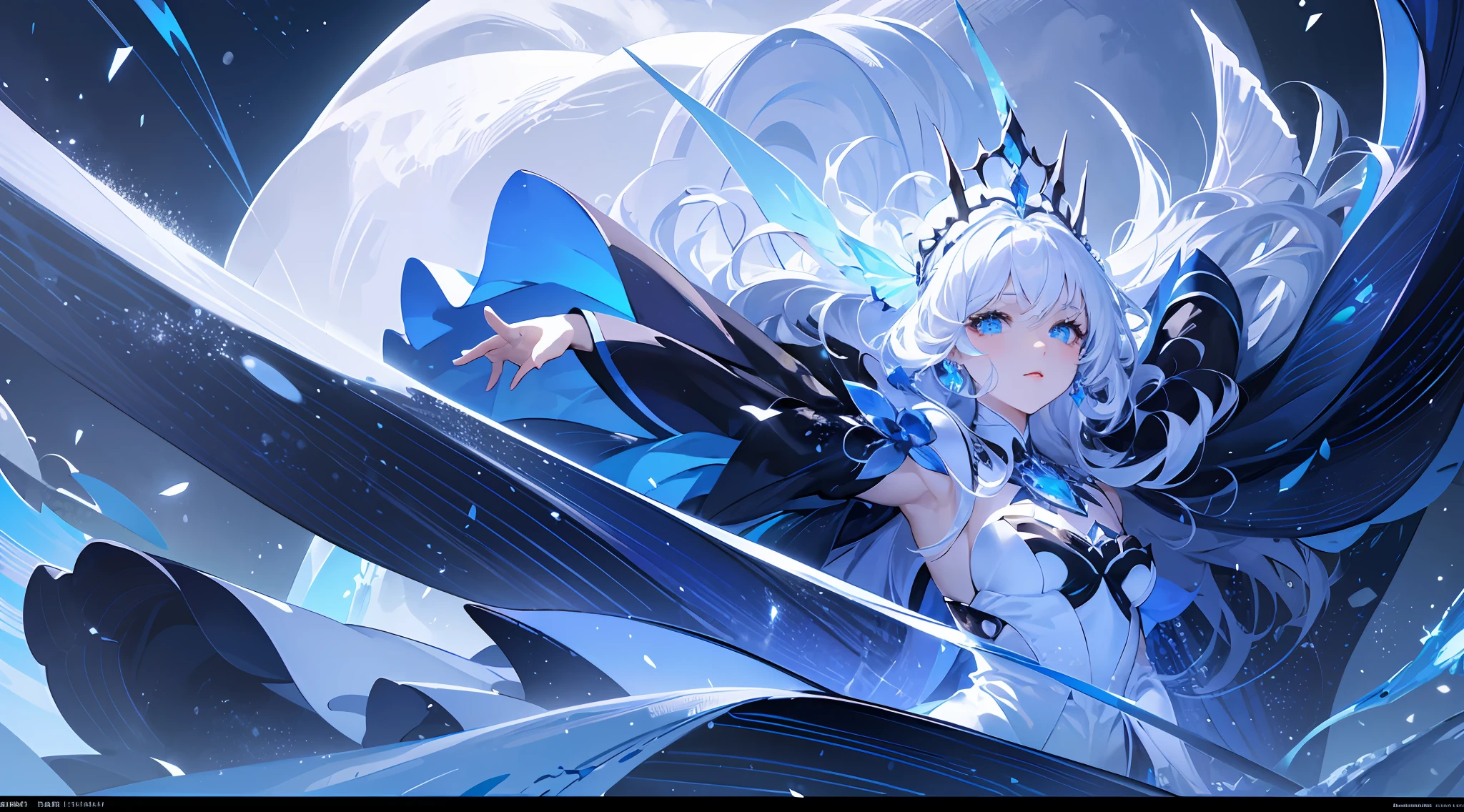 wlop, aeolian, jewelry, woman, queen, white robe, white eyelashes, dyed snow face, cold, frost, color, side light, pointed crown, super detail, depth of field, magic array, white hair, blue eyes, lips, snow, snow magic, white magic, sapphire, ice cap, ice crystal fragments, ice, large area white, incredible, super detail, extremely detail, (high contrast: 1.11), wind, amazing, beautiful detail eyes, messy hair, ( best lighting, extremely delicate and beautiful), ((cinema light)), (from the side: 1.3), 8K, masterpiece, best quality, movie stills, 1girl, floating in the sky, cloud girl, clouds, (close-up: 1.1), bright, happy, fun, soft lighting, (Bauhaus, shapes, lines, abstract: 1.1) official art, Unity 8k wallpaper, super detailed, beautiful and beautiful, masterpiece, best quality, (dynamic angle: 1.4), romantic depth of field exotic_ dance, Perfect NwsjMajic, (Masterpiece, Top Quality, Best Quality, Official Art, Beauty and Aesthetics: 1.2), Extreme Detail, Colorful, Highest Detail,