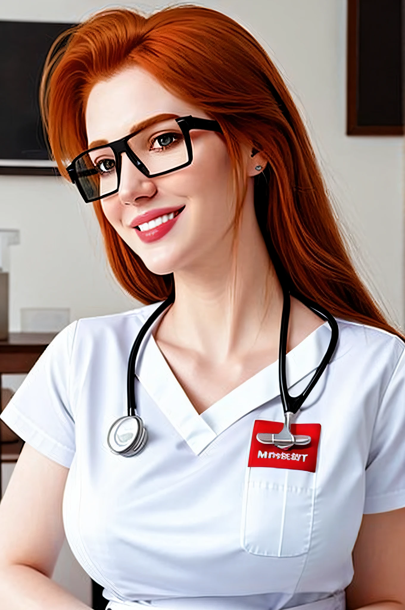 sfw, masterpiece, hyperrealism, at a distance, epic, strong body, (nurse, vision glasses:1.2), ginger, (upper body: 1.3), chest, nurse's high, smiling