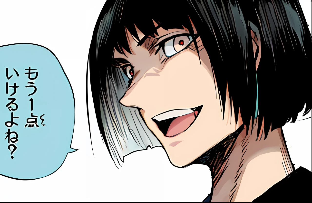 a close up of a anime of a boy with a speech bubble, a boy with a black haircut, black hair, open mouth, color manga, manga color, color manga, color manga panel, simple background, a white background