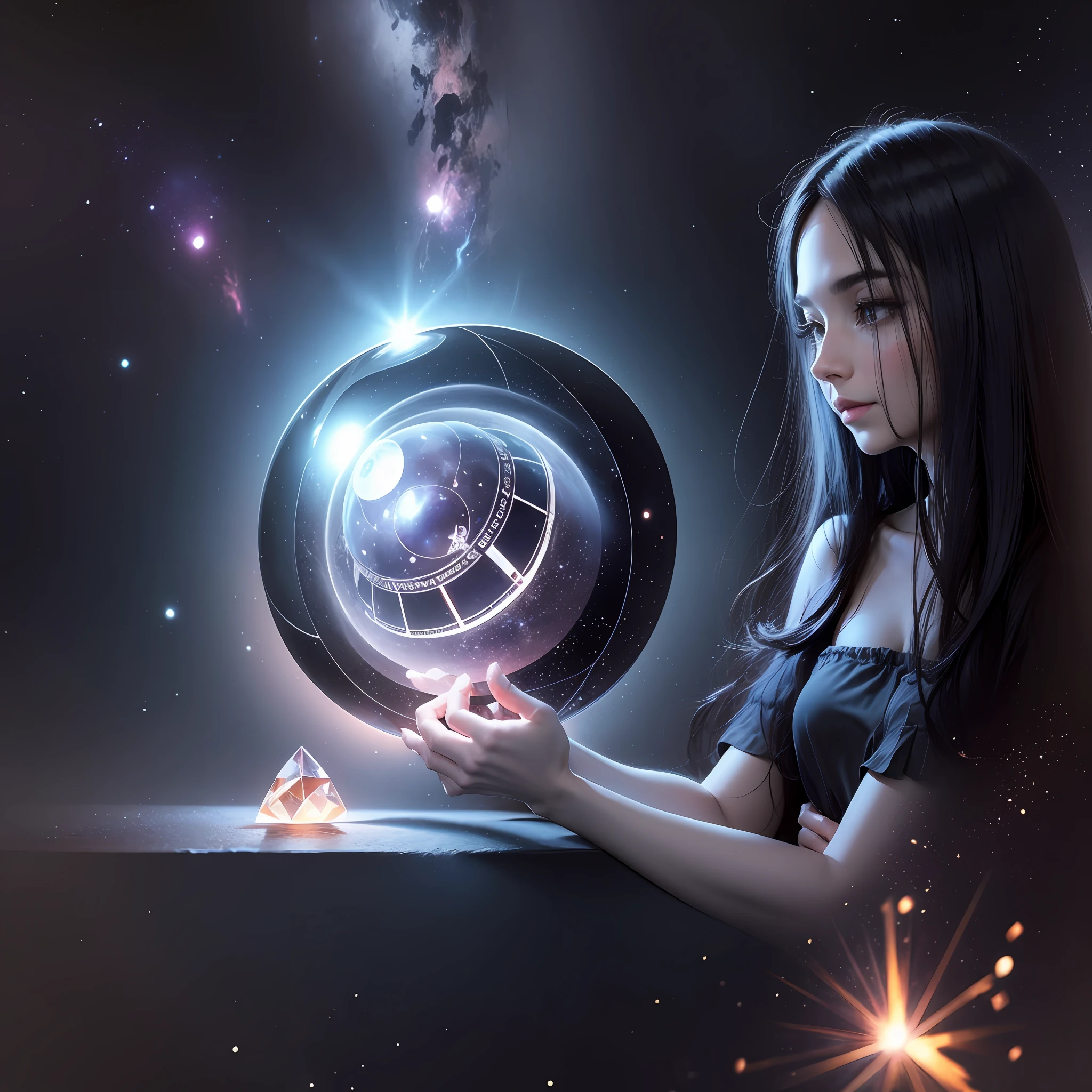 Mysterious space, dreamy landscape, fortune teller sitting, crystal ball glowing, fortune telling with tarot cards, fortune teller's face is invisible, fortune teller has black hair, cinematic, 8k, real --auto --s2