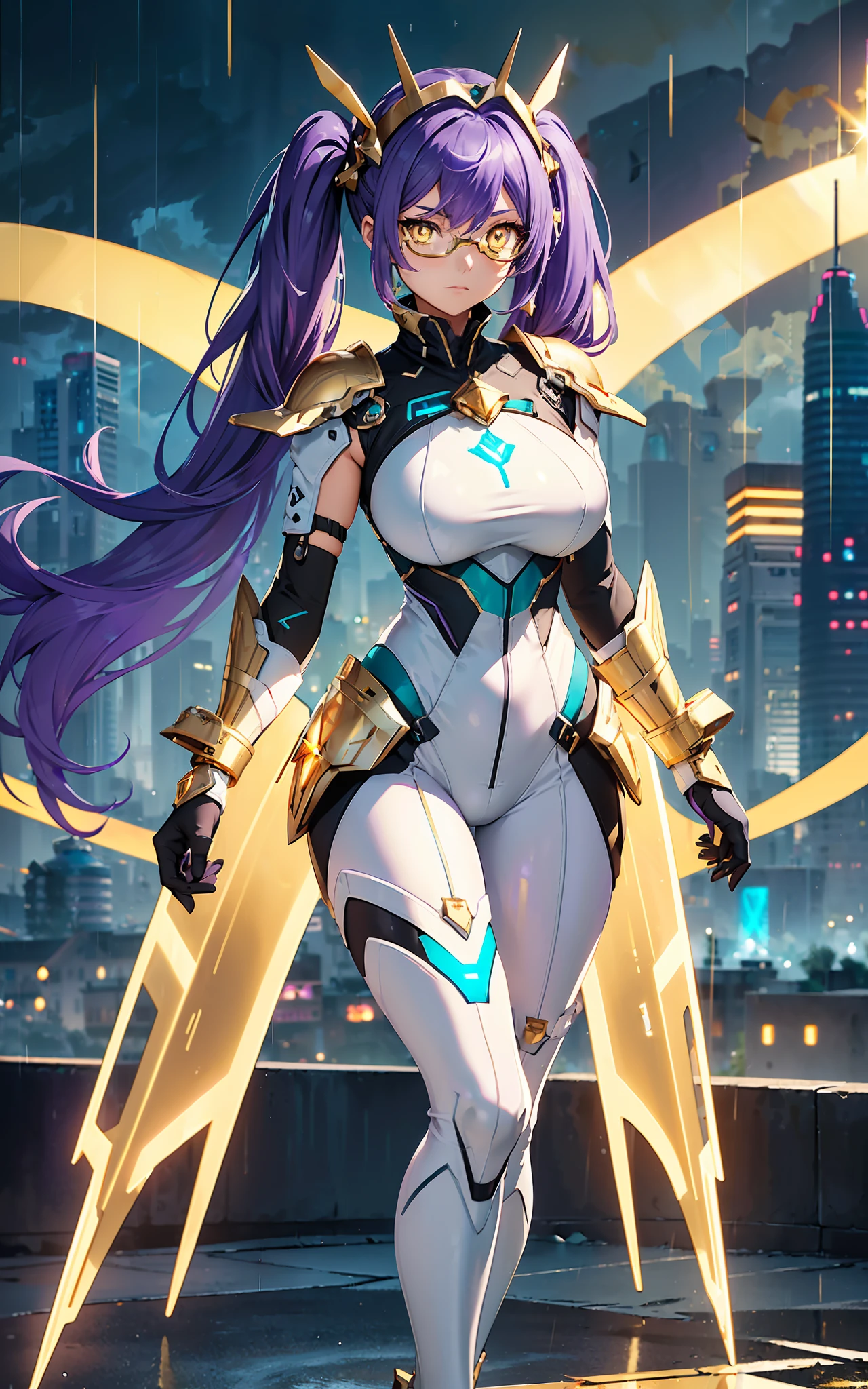 ({best quality}),(Ultra Fine),(full detail),single girl,alone,19 years old,well_developed curves,curvaceous_body,hourglass_figure,perspective,beautiful_face,high_quality_outfits,futuristic_outfits,silght_blush,full_body,full detail face,protective outfits,Honkai_Impact,sexy;

(Violet hair:1.5),indigo hair tips,violet (helix-shaped twintails:1.1),two long fin-shaped white and aqua headdresses,pointing upwards,fin-shaped,(white metal tiara around forehead);(golden_ eyes:1.99),holographic one-piece goggle glasses on eyes,aqua frame,aqua lens;one hexagon aqua locket on breast;

Futuristic battlesuit,armored battlesuit,combat ready,covering all body,fitting body curves,white armor streamlined shoulder pads,black long slender sleeves,ceramic mechanic white arm bracers with aqua trims,white bracelets,black gloves,white tanktop with aqua_colored traces,black armored corset,two glowing aqua buttons on corset,aqua zipper along corset,v-shaped white waistband with four gadget holsters,aqua waistband,(white scifi armor dress,knee-length aqua edged hems),(,white and aqua-edged armor tassets),(white pantyhose) with hexagon aqua linings,silver waistband with gadget holsters,knee bracers;silver mechanic boots,heeled boots; White mechanic backpack on back;

Rainy weather,night,clouds in background,heavy rain weather,raindrop on face,clear sky in backgroumd,floating in midair,overlooking city from midair,calm expression,vigilat gaze,stretching hands,standing,looking forwards