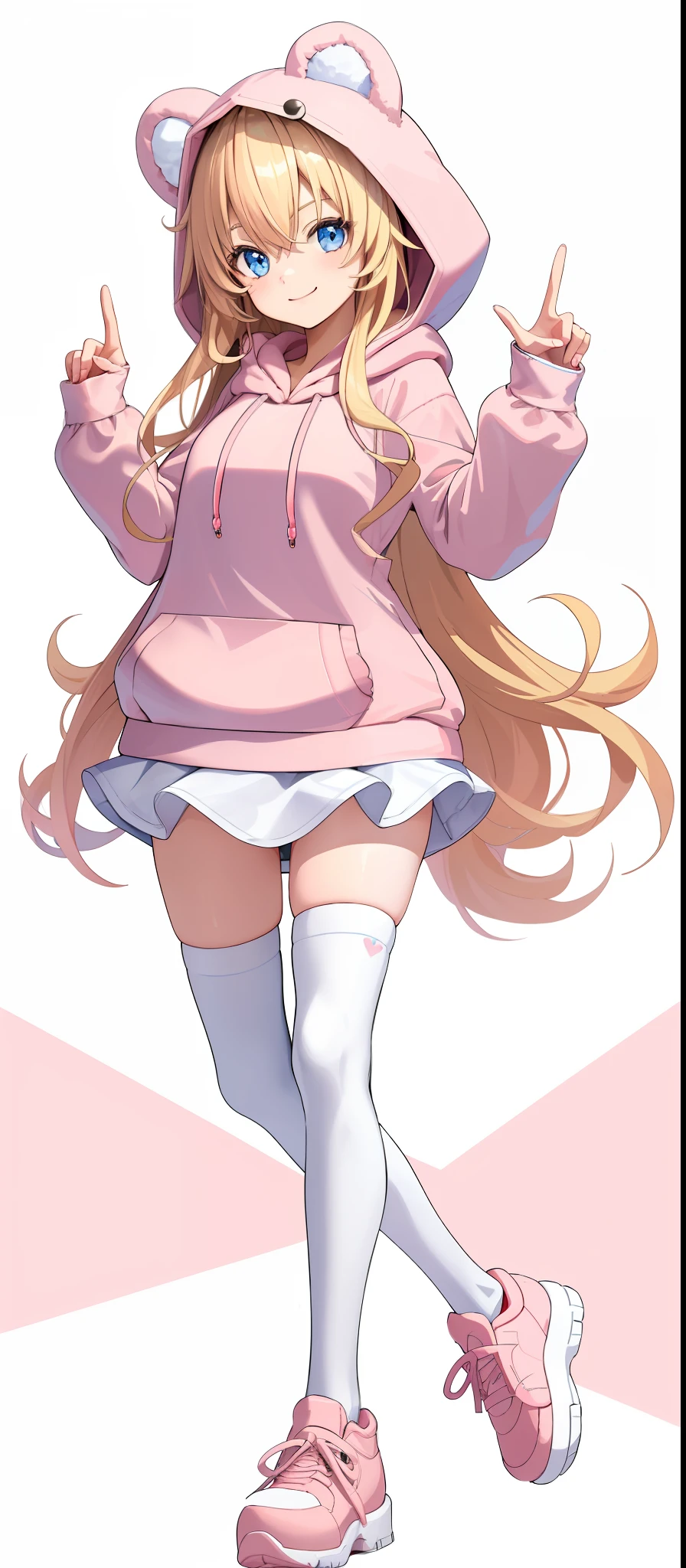 vtubermodel of 1girl , long blonde hair, blue eyes , big thighs, fluffy bear ears , hood up,(light pink hoodie:1.3), white miniskirt, white thighhighs, strawberry pattern hoodie, frills, sneakers, clogs, high quality , extra detailed , rendered, (white background:1.3), full body, smiling