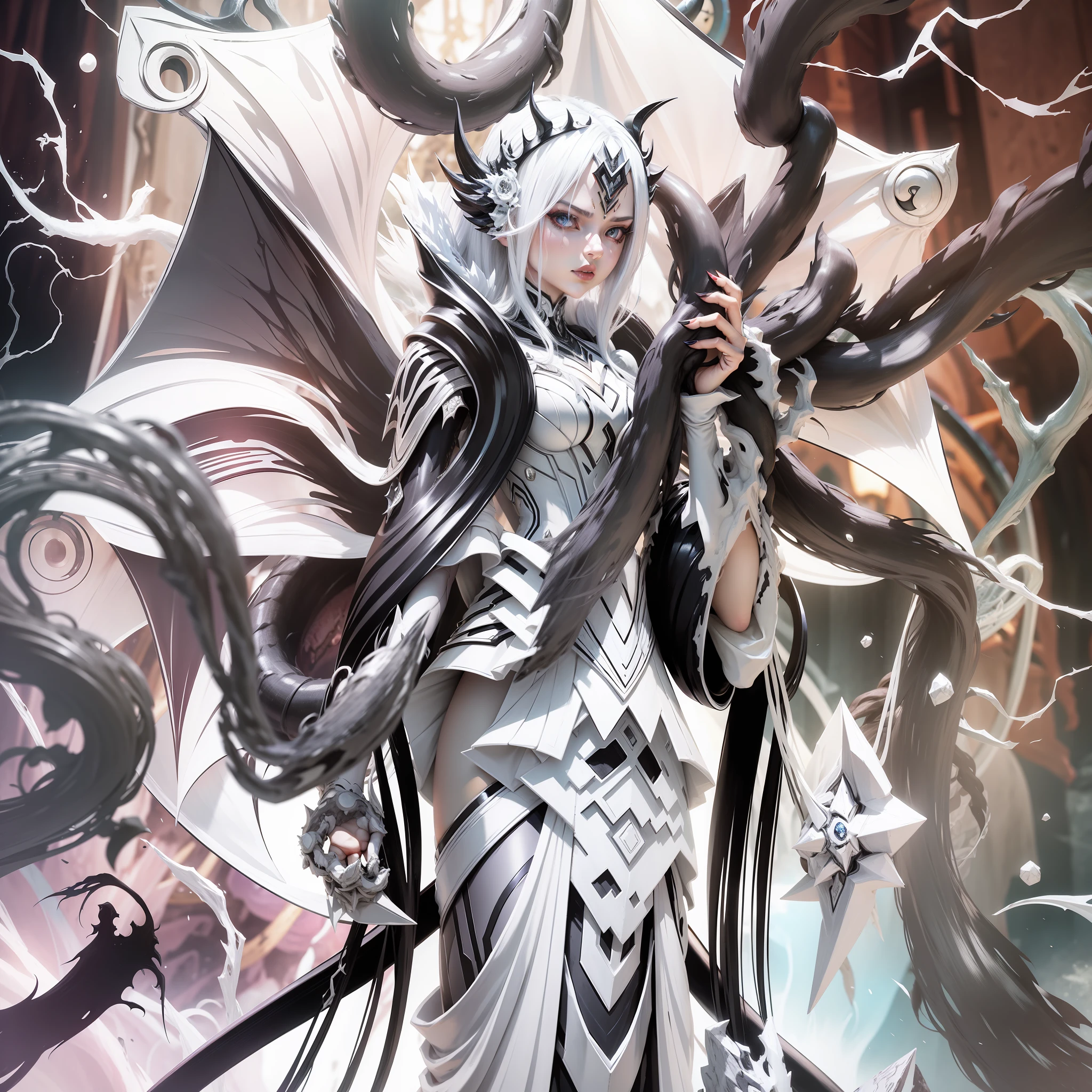 Demon queen, claws, white symbiotic dress,with black exarpe,4k,Yu-Gi-Oh