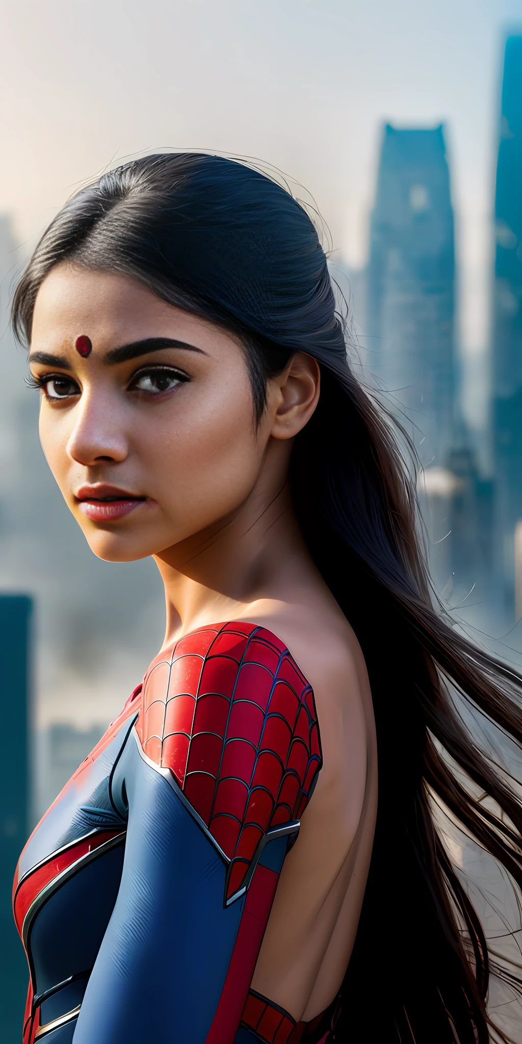 (1girl indian:1.3), Solo, (((Very detailed face)))), ((Very detailed eyes and face)))), Beautiful detail eyes, Body parts__, Official art, Unified 8k wallpaper, Super detailed, beautiful and beautiful, beautiful, masterpiece, best quality, original, masterpiece, super fine photo, best quality, super high resolution, realistic realism, sunlight, full body portrait, amazing beauty, dynamic pose, delicate face, vibrant eyes, (from the front), She wears Spider-Man suit, red and black color scheme, spider, very detailed city roof background, rooftop, overlooking the city, detailed face, detailed complex busy background, messy, gorgeous, milky white, highly detailed skin, realistic skin details, visible pores, clear focus, volumetric fog, 8k uhd, DSLR, high quality, film grain, fair skin, photo realism, lomography, futuristic dystopian megalopolis, translucent