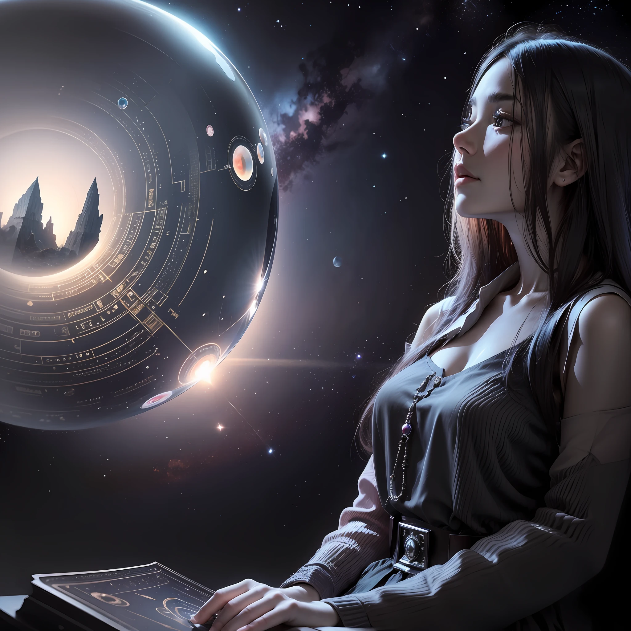 Mysterious space, dreamy landscape, fortune teller sitting, crystal ball glowing, fortune telling with tarot cards, fortune teller's face is invisible, fortune teller has black hair, cinematic, 8k, real --auto --s2