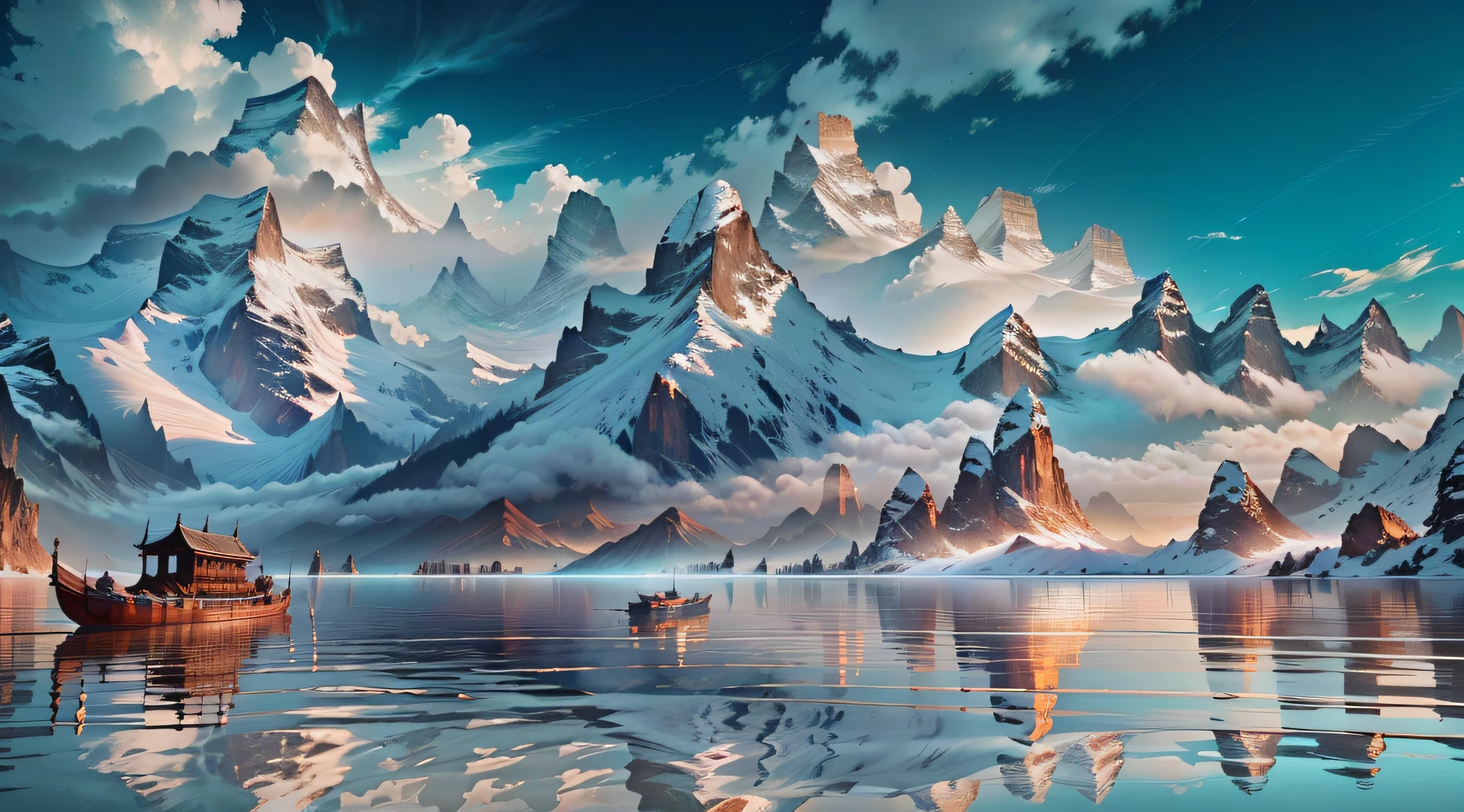 Mountains reflected in lake water with boats, (mountains inspired by Zhangjiajie), vast picture, 4K highly detailed digital art, 4K HD matte digital painting, inspired by Mike Winkelman, 4K detailed digital art, 4K HD wallpaper very detailed, beautiful digital artwork, beautiful art UHD 4K, 8K matte painting, 8K matte painting