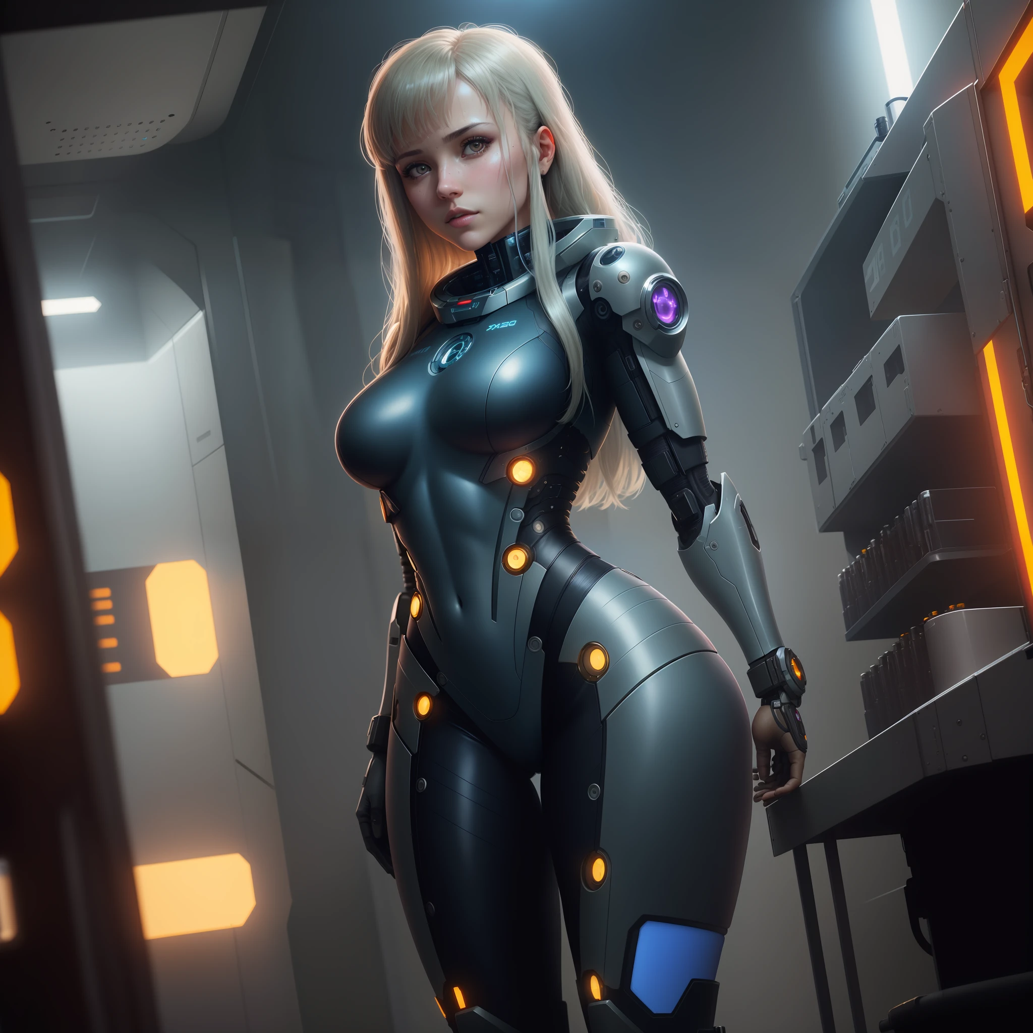 Dystopian, [sci-fi], High Detail RAW color Photo, Full front Shot, of (cute female arterial intelligence, front angle, cybernetic enhancements), full latex bodysuit, indoors, standing, (inside cryogenic chamber, in advanced cyberpunk research facility), toned physique with abs, large perky breasts, normal, large ass, (pale skin), (cybernetic implants:1.2), (augmentations), (cyborg:1.1), (detailed skin, diffused skin pores), silicone, metal, (highly detailed, fine details, intricate), (lens flare:0.4), (bloom:0.4), diffused soft lighting, raytracing, shallow depth of field, (Oliver Wetter), photographed on a Canon EOS 5D, 90mm micro lens, f/8, sharp focus, smooth, cinematic film still from Blade Runner 2049, thick thighs, wide hips [Cyberpunk:Dieselpunk:0.25]
