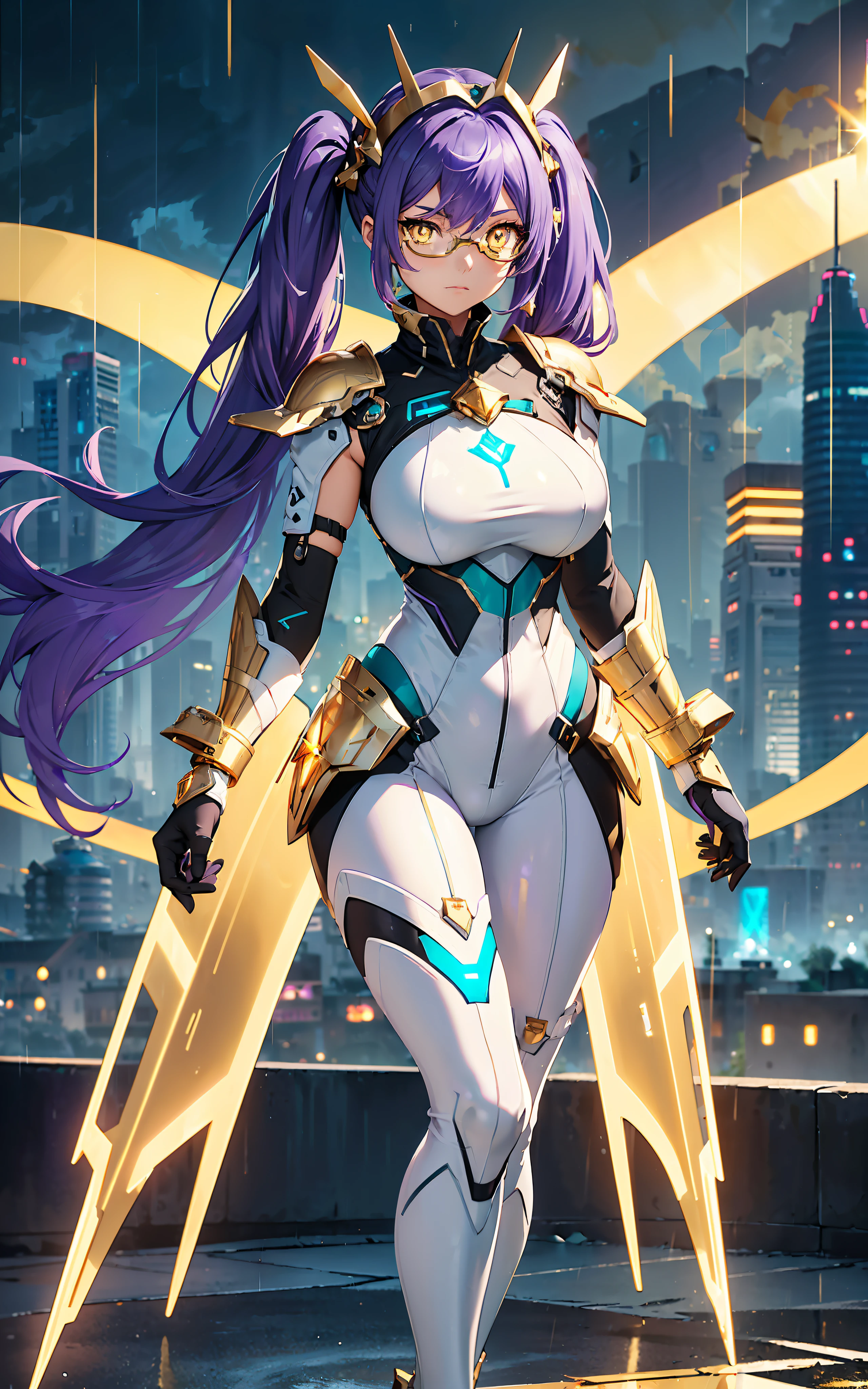 ({best quality}),(Ultra Fine),(full detail),single girl,alone,19 years old,well_developed curves,curvaceous_body,hourglass_figure,perspective,beautiful_face,high_quality_outfits,futuristic_outfits,silght_blush,full_body,full detail face,protective outfits,Honkai_Impact,sexy;

(Violet hair:1.5),indigo hair tips,violet (helix-shaped twintails:1.1),two long fin-shaped white and aqua headdresses,pointing upwards,fin-shaped,(white metal tiara around forehead);(golden_ eyes:1.99),holographic one-piece goggle glasses on eyes,aqua frame,aqua lens;one hexagon aqua locket on breast;

Futuristic battlesuit,armored battlesuit,combat ready,covering all body,fitting body curves,white armor streamlined shoulder pads,black long slender sleeves,ceramic mechanic white arm bracers with aqua trims,white bracelets,black gloves,white tanktop with aqua_colored traces,black armored corset,two glowing aqua buttons on corset,aqua zipper along corset,v-shaped white waistband with four gadget holsters,aqua waistband,(white scifi armor dress,knee-length aqua edged hems),(,white and aqua-edged armor tassets),(white pantyhose) with hexagon aqua linings,silver waistband with gadget holsters,knee bracers;silver mechanic boots,heeled boots; White mechanic backpack on back;

Rainy weather,night,clouds in background,heavy rain weather,raindrop on face,clear sky in backgroumd,floating in midair,overlooking city from midair,calm expression,vigilat gaze,stretching hands,standing,looking forwards