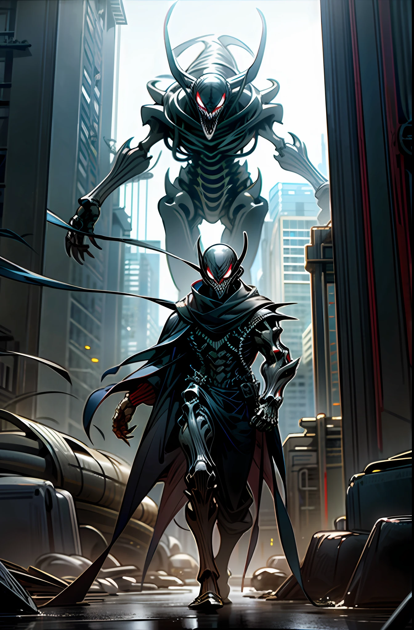 A monster with a black skeleton like Venom walking in front of a vast post-apocalyptic city