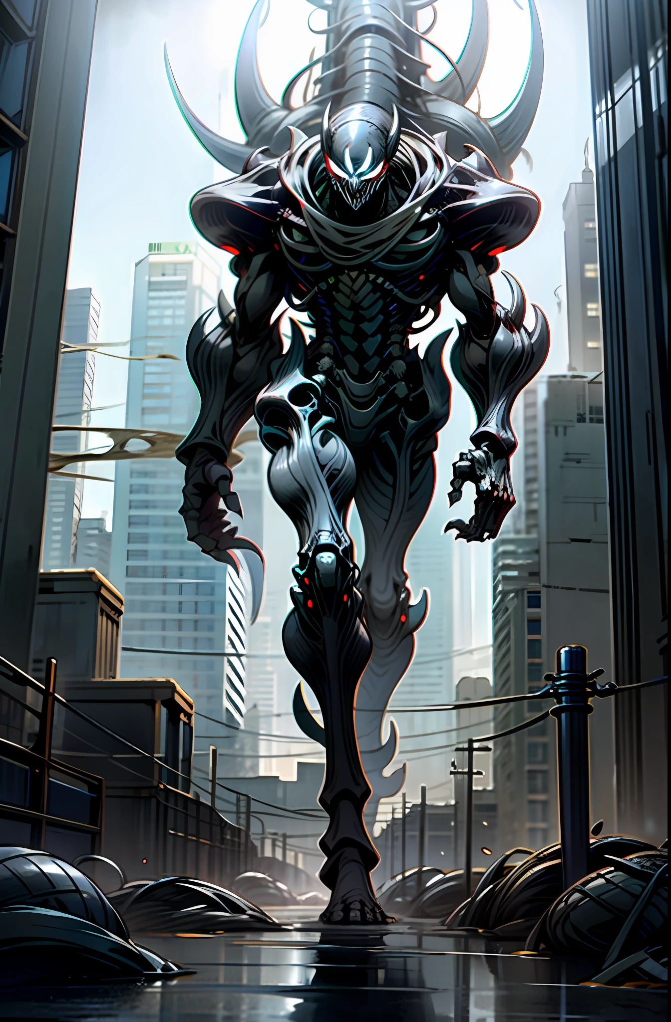 A monster with a black skeleton like Venom walking in front of a vast post-apocalyptic city