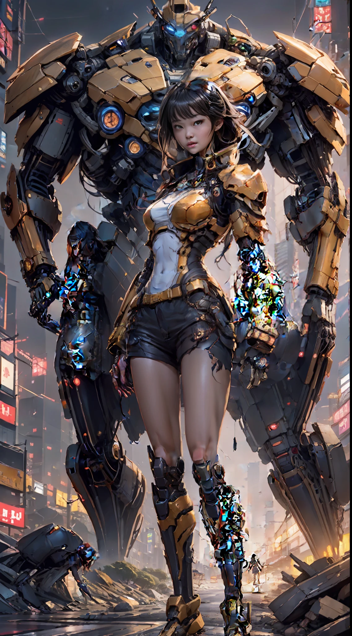 Boutique,best quality,Gold jewelry,(slip out feet),Fairy skin,(Fidelity :1.2),Standing,Super Detailed,realistic,High quality,Movie Light,Ray tracking,Ultra HD,Upper body
Girl in shorts and jacket standing next to giant robot, Guweiz style artwork, CyberPunk mech, Trends on CGSTATION, Guweiz, Russell Dongjun Lu, digital cyberpunk anime art, Ross Tran 8 K, Guweiz on ArtStation Pixiv, Girl in mecha network armor